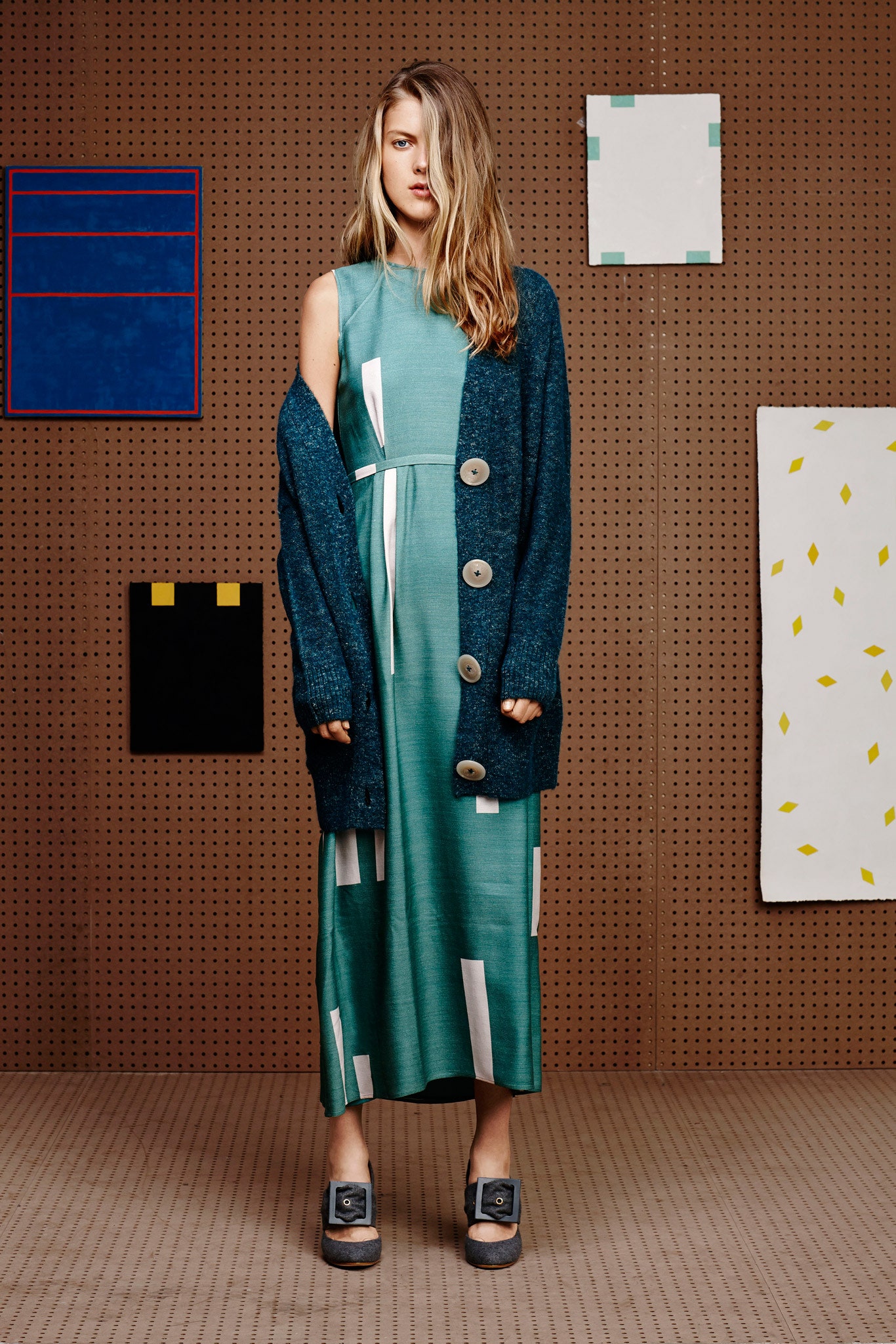 teal printed midi dress with oversized cardigan