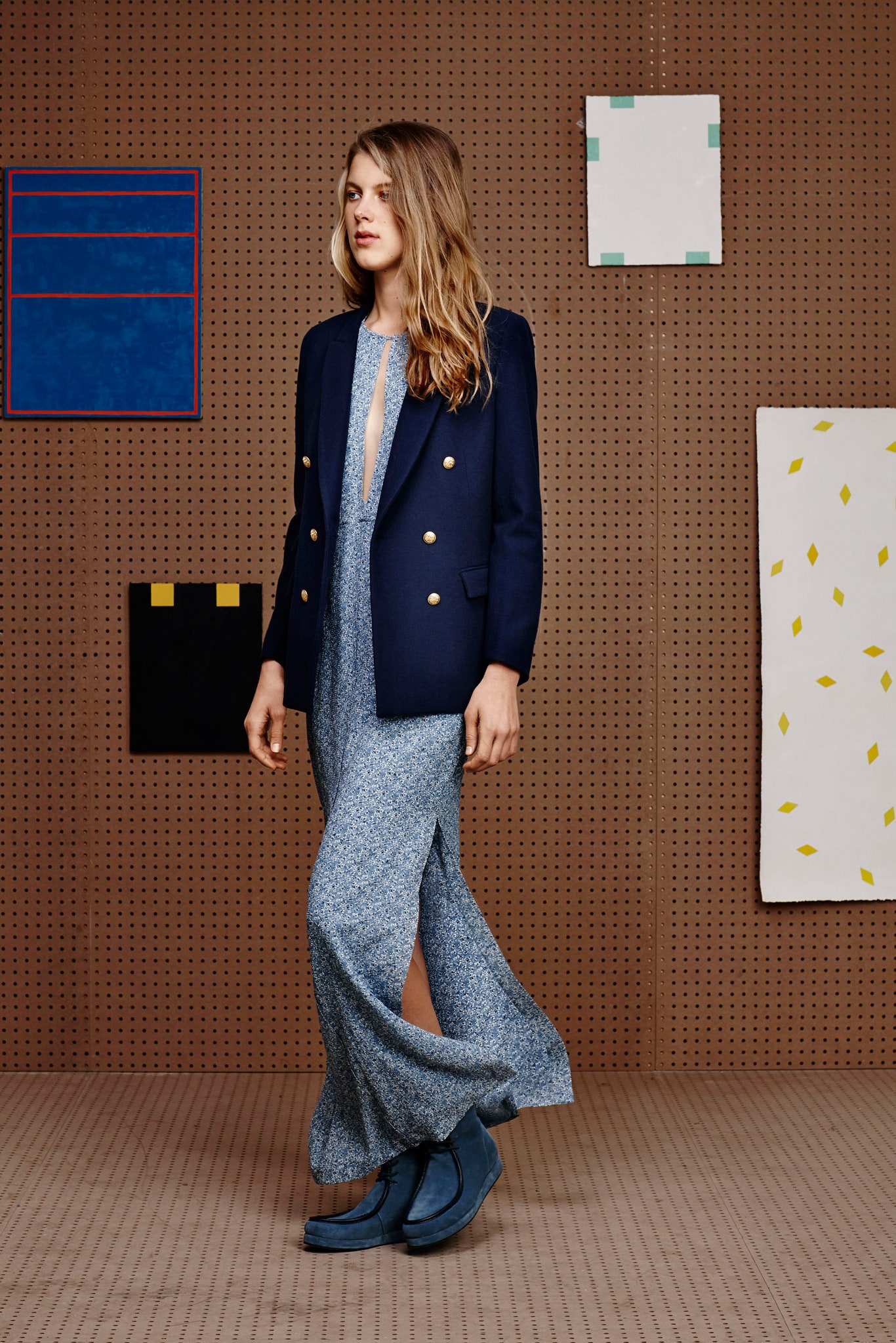 navy blazer with blue maxi dress