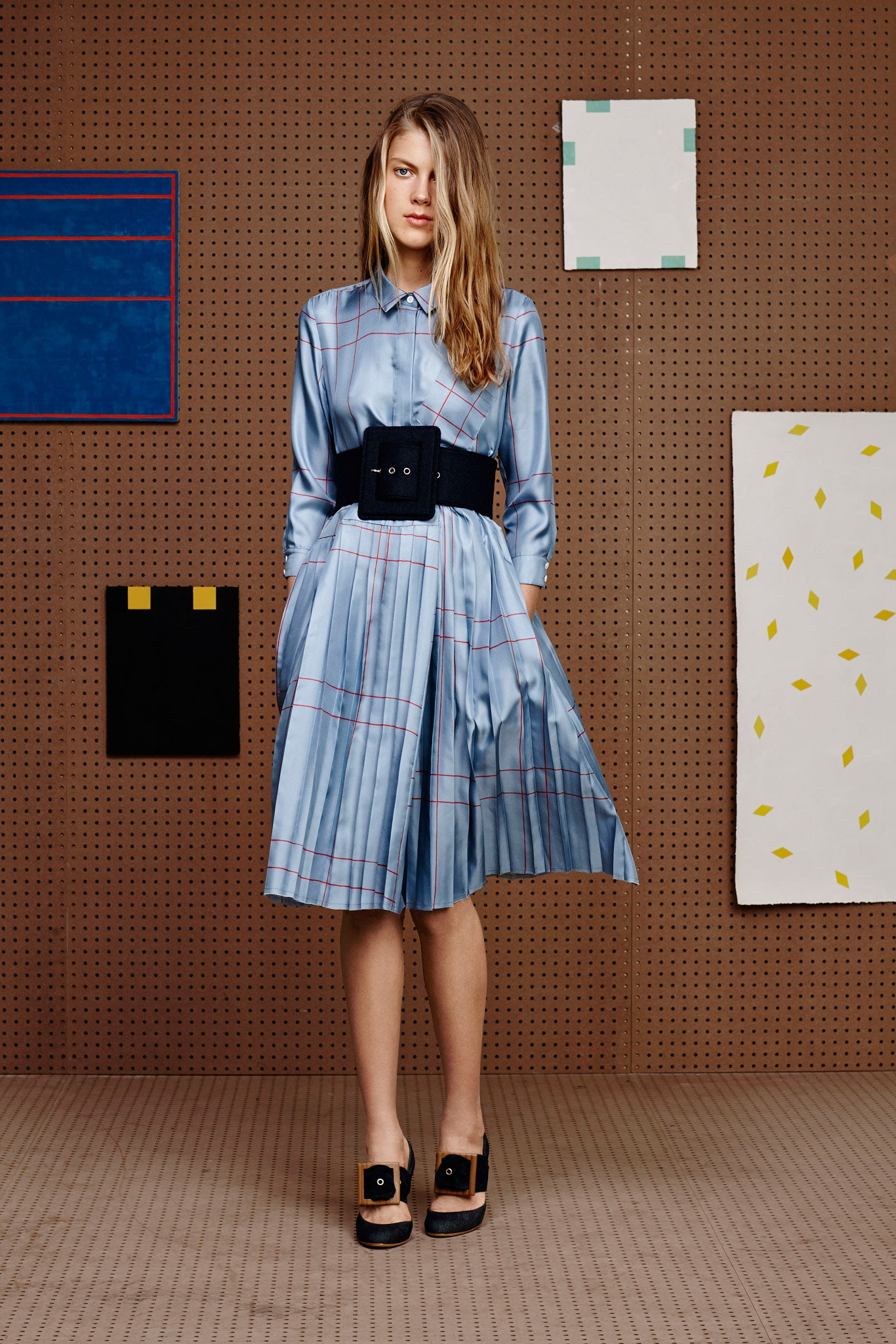 blue silk pleated midi dress