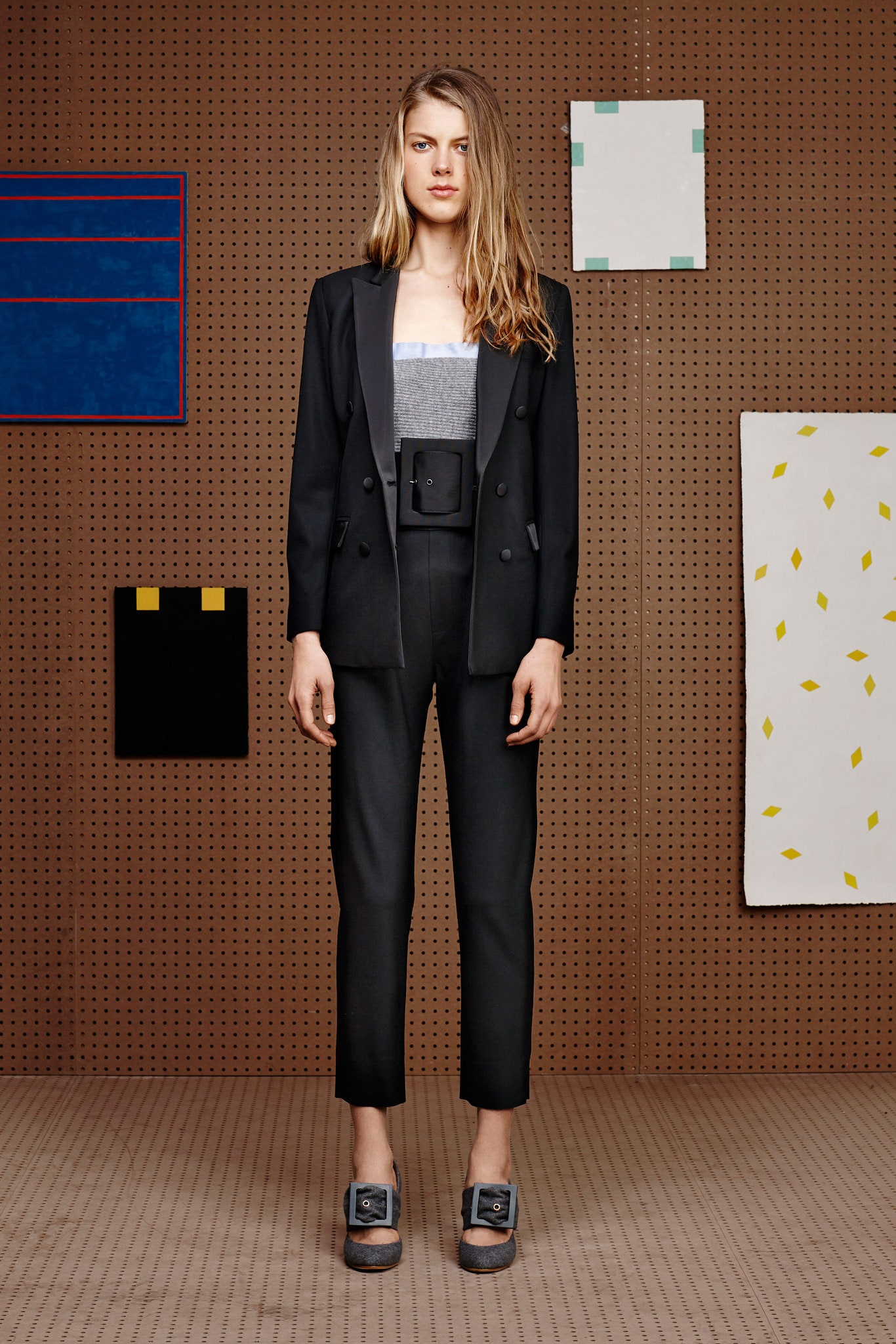 black tailored blazer with gray top