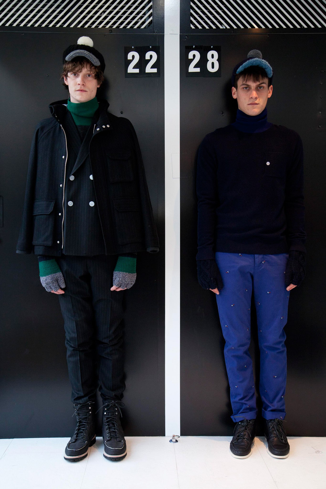 black wool coat with green turtleneck