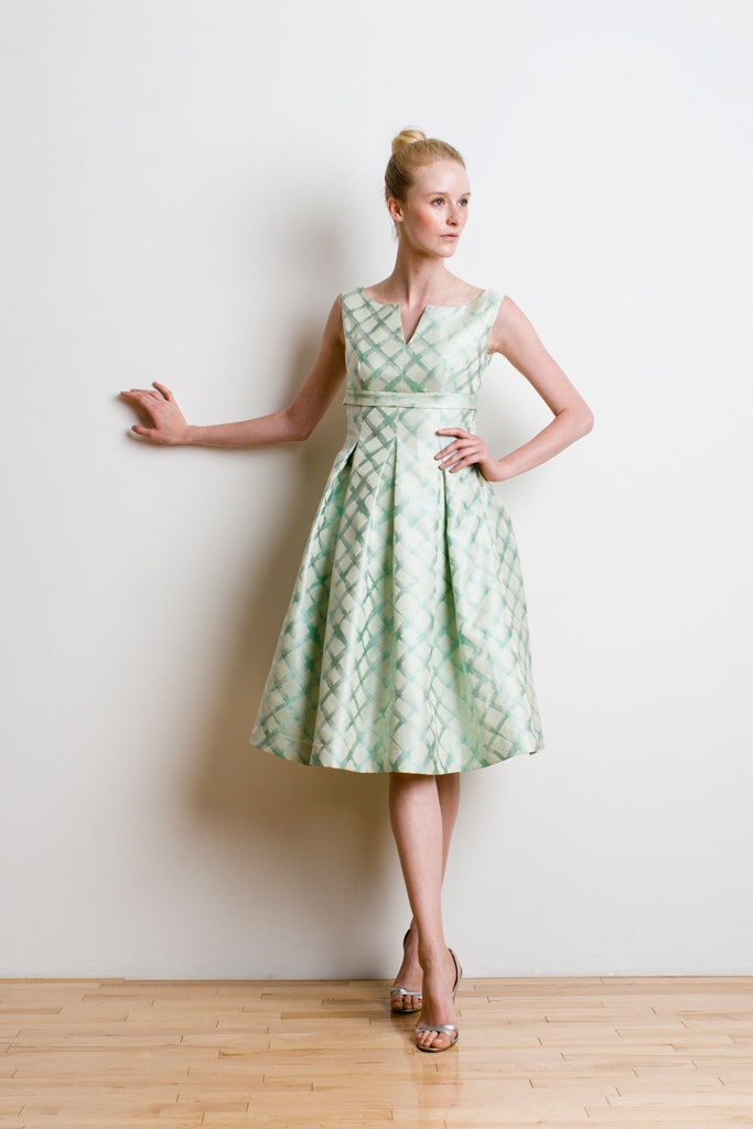 green and white printed midi dress