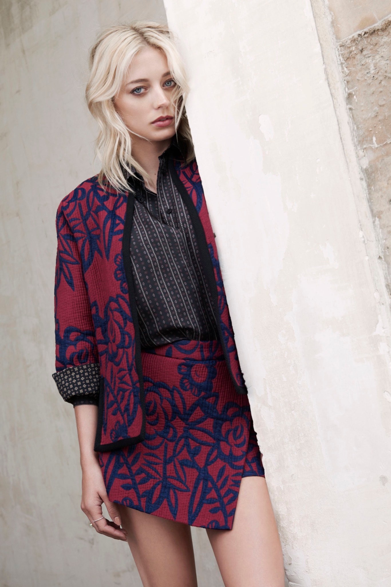 red and blue printed blazer