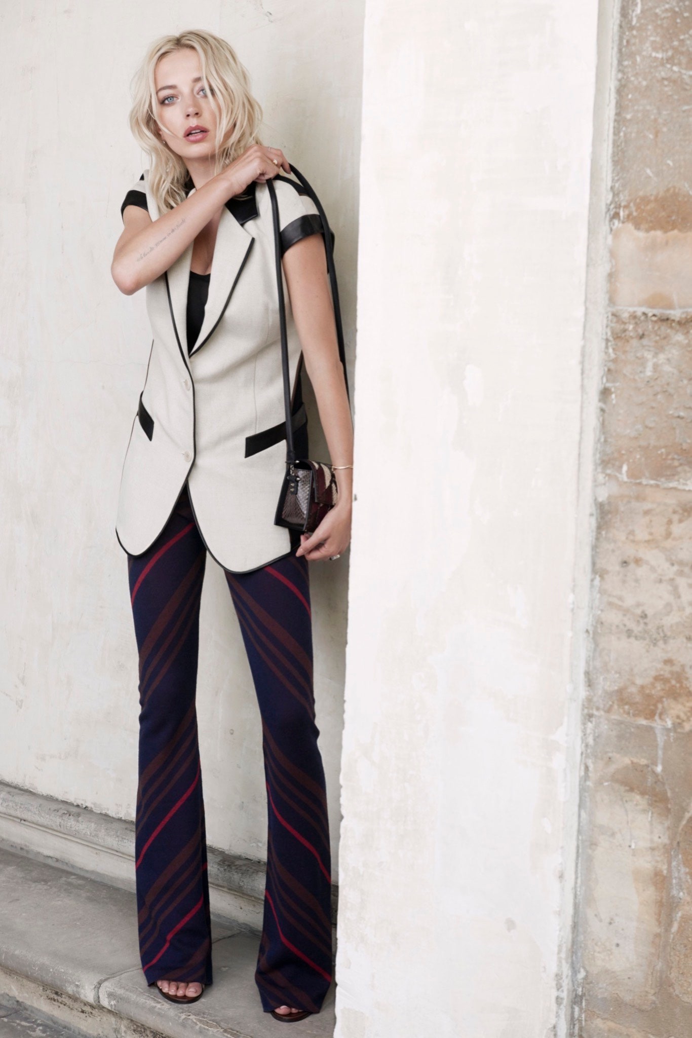 beige tailored blazer with flared pants