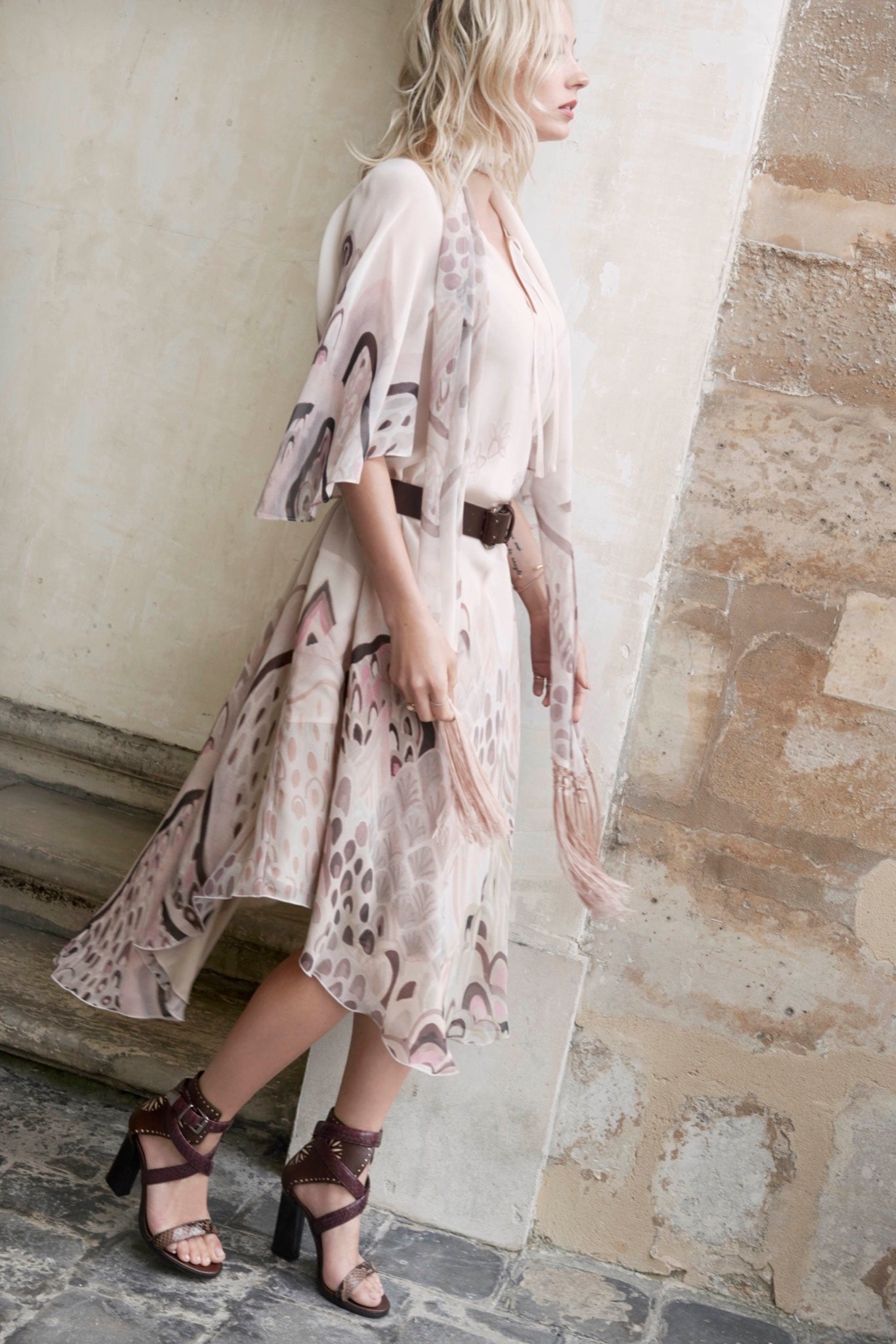 beige pink printed midi dress