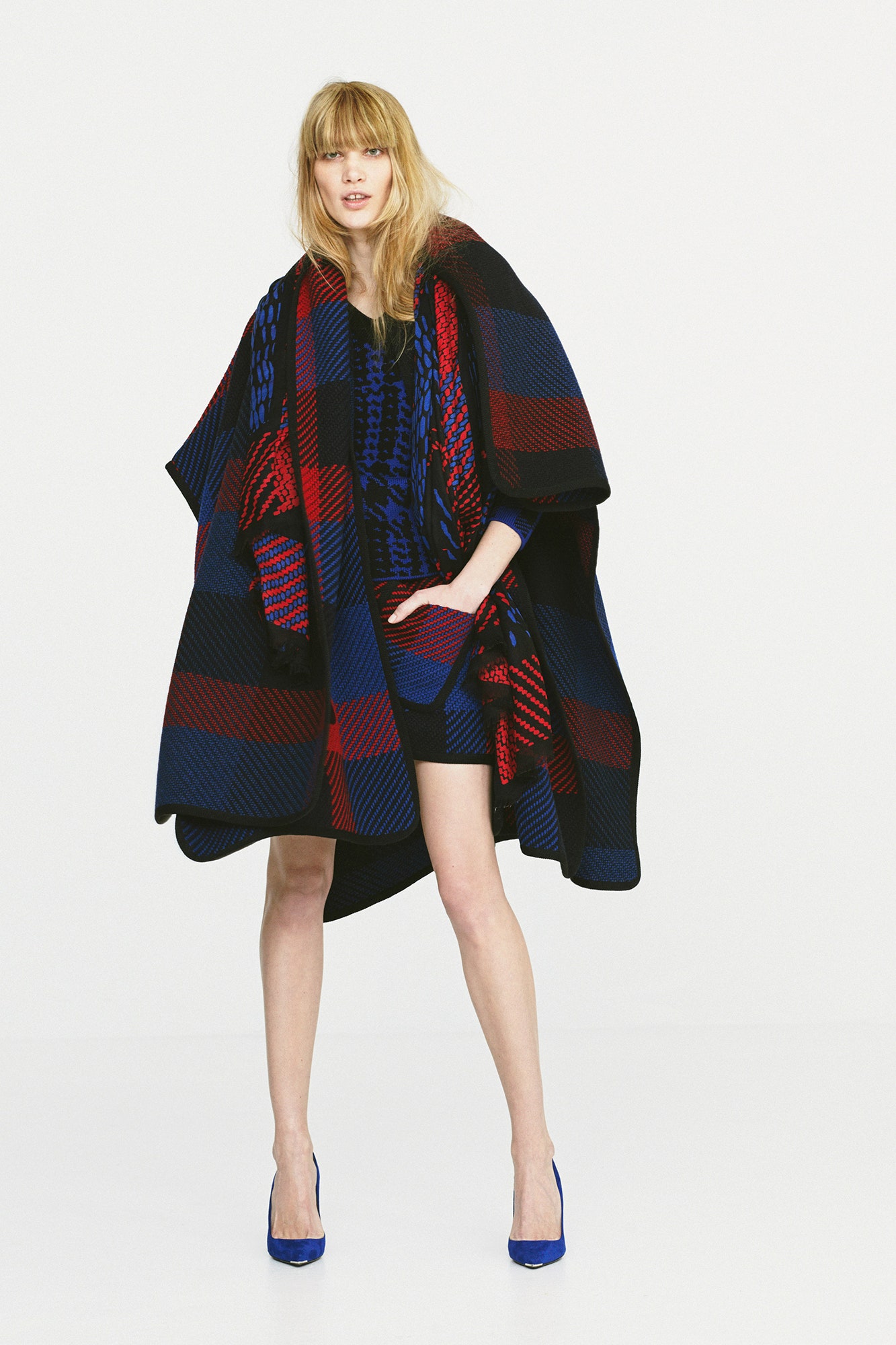 red and blue wool poncho
