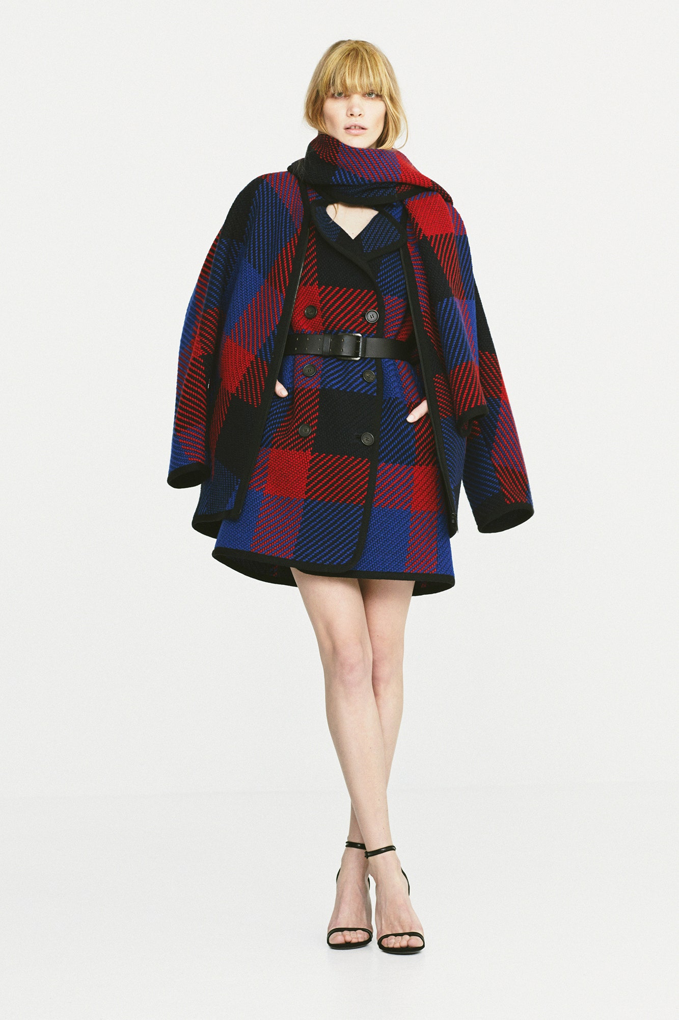 oversized checked coat with mini dress