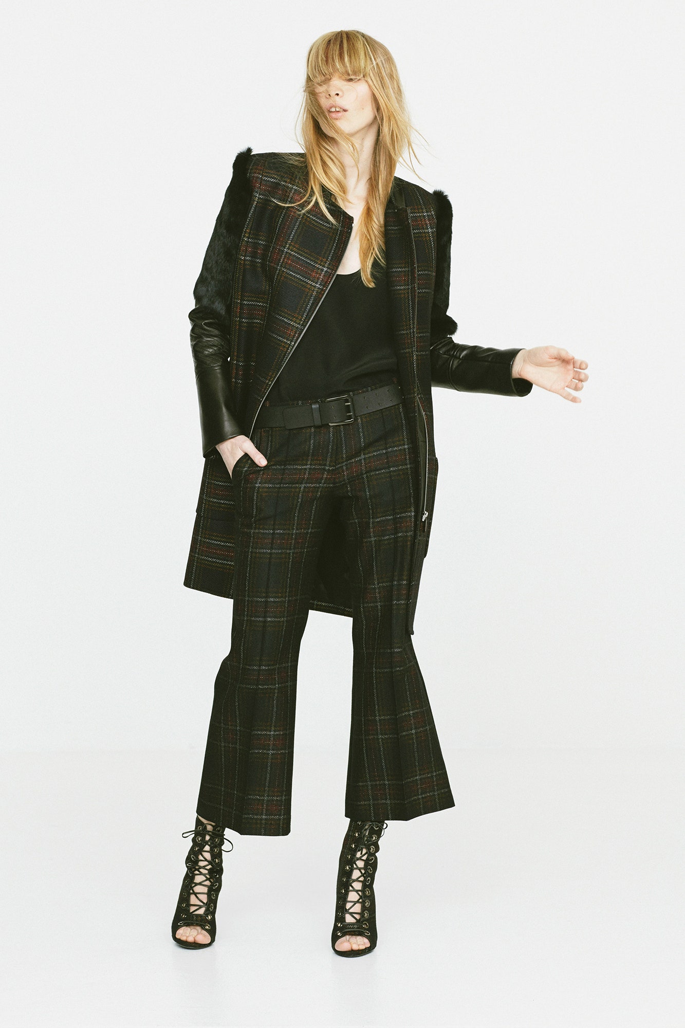 black plaid coat with flared pants