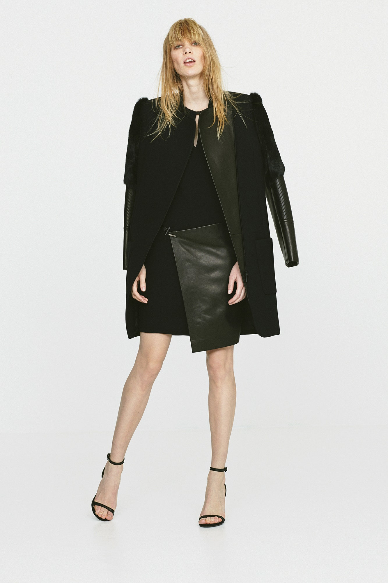 black wool coat and leather dress