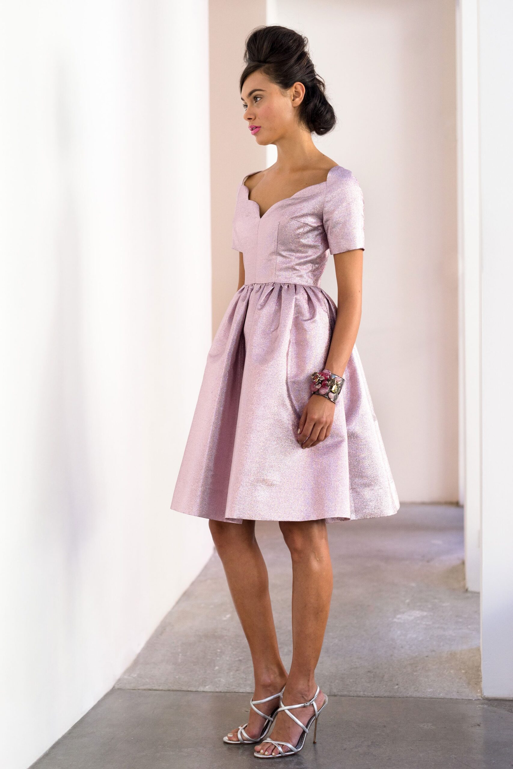 pink silk fitted midi dress