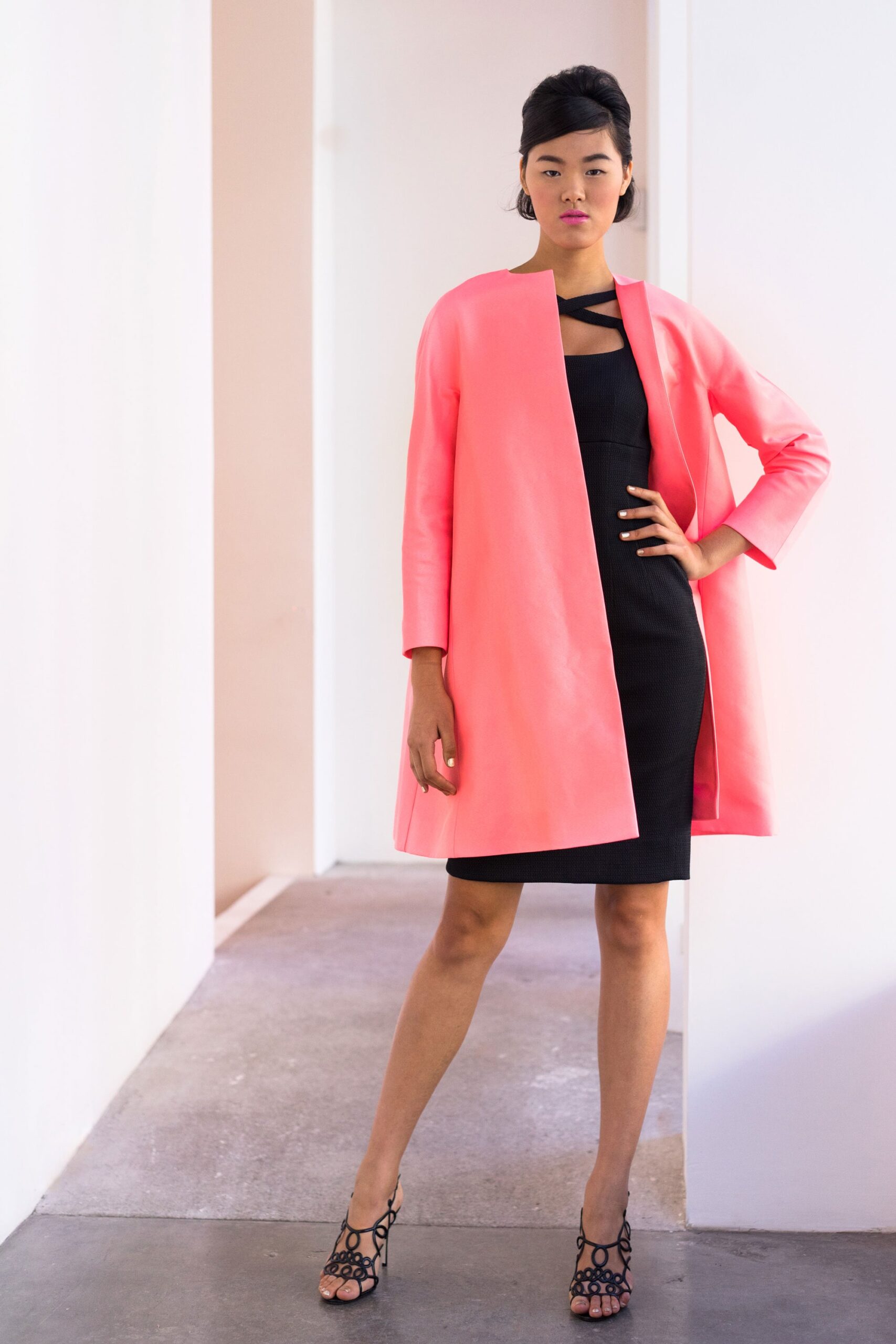 pink leather long-sleeve collared relaxed layered coat
