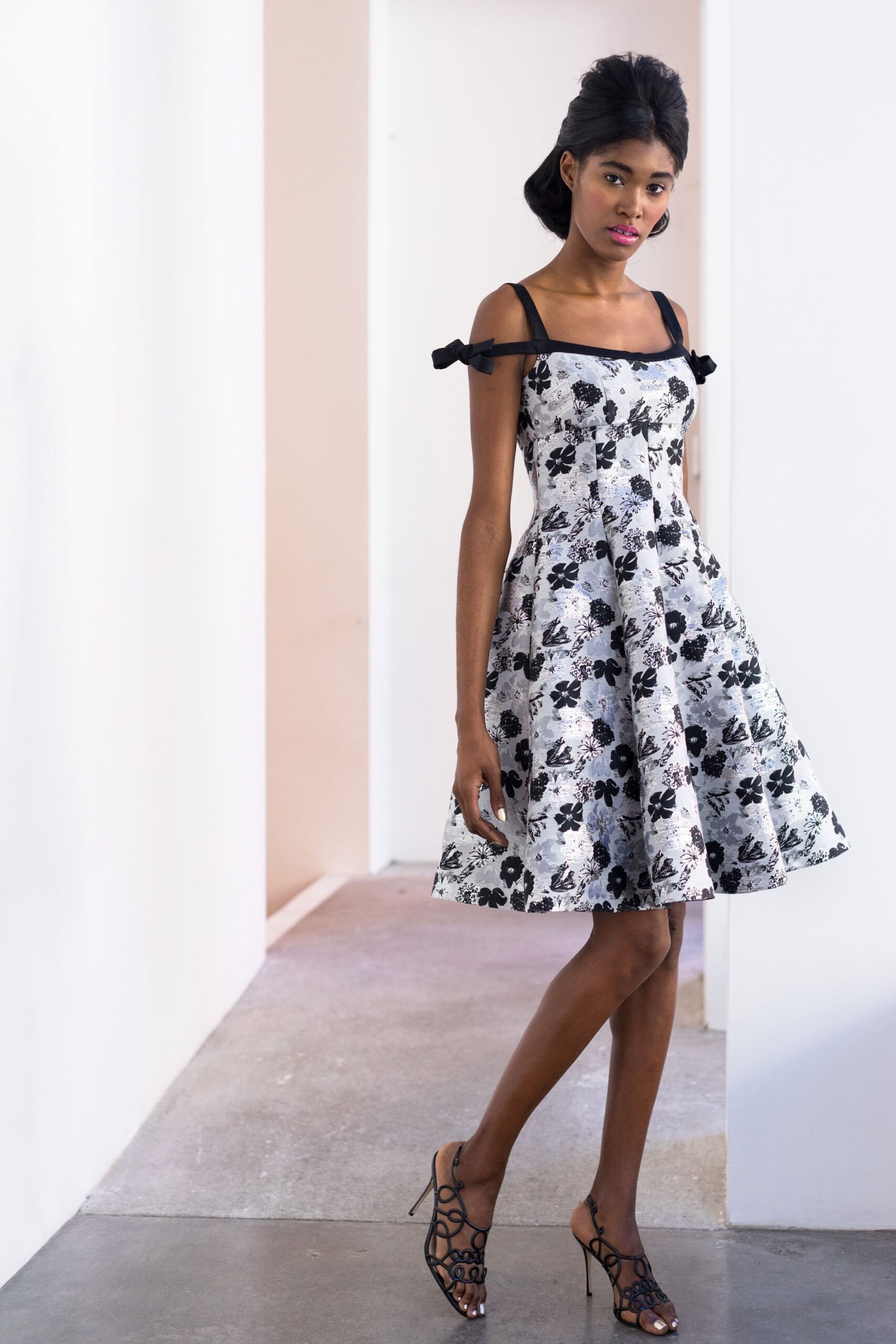 black silk sleeveless off-shoulder fitted floral flared dress