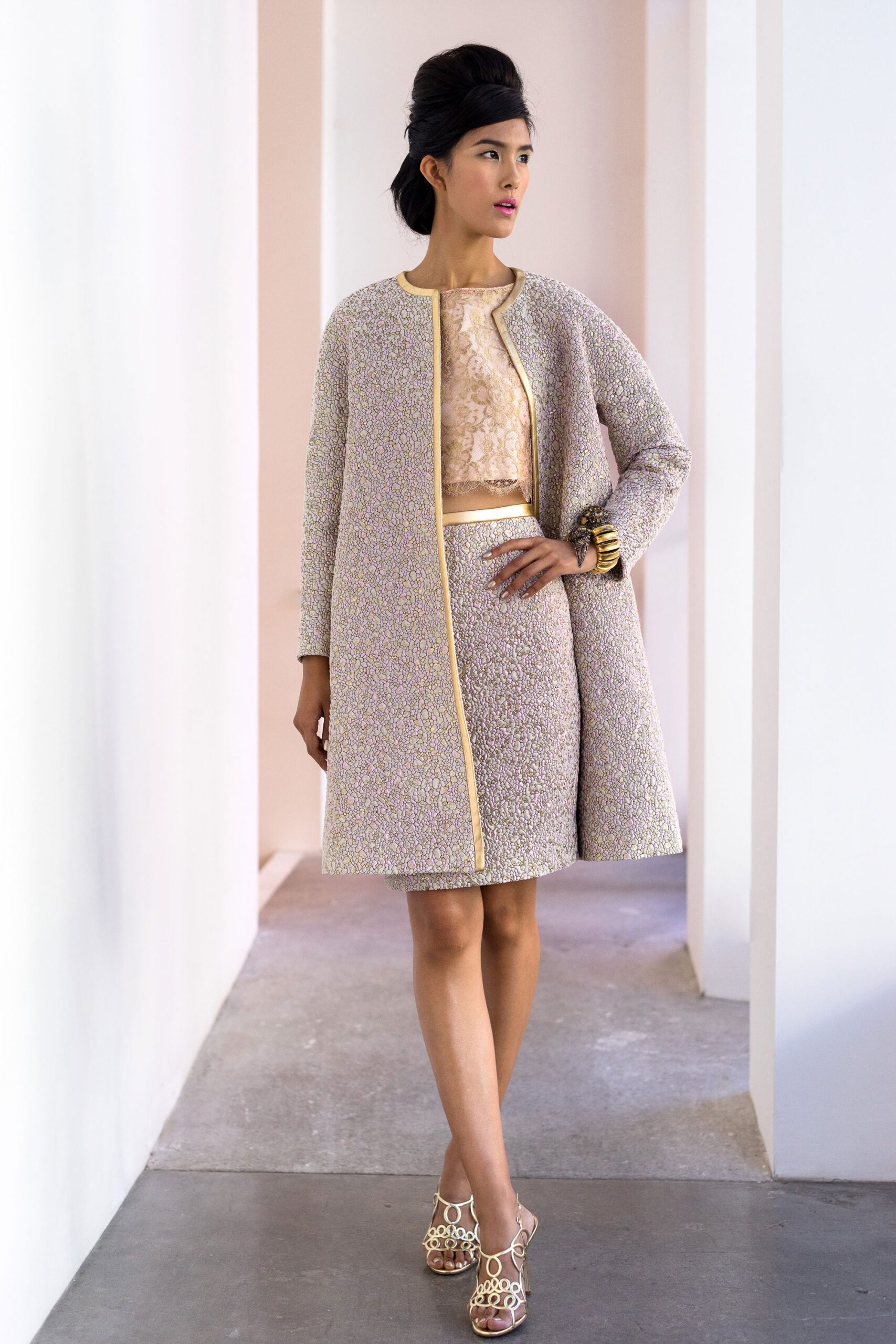 beige tweed coat with pink top