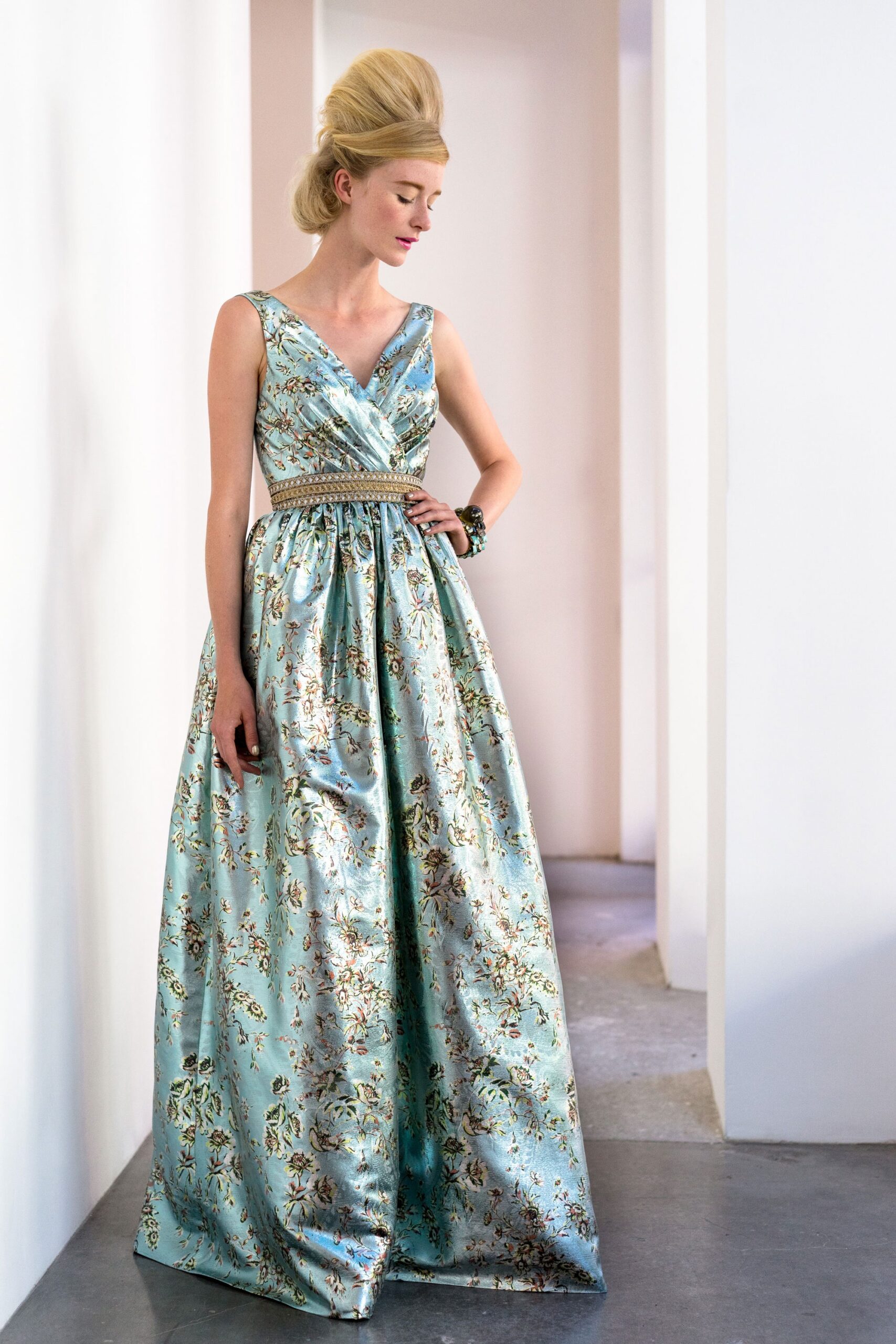 blue silk embroidered gown