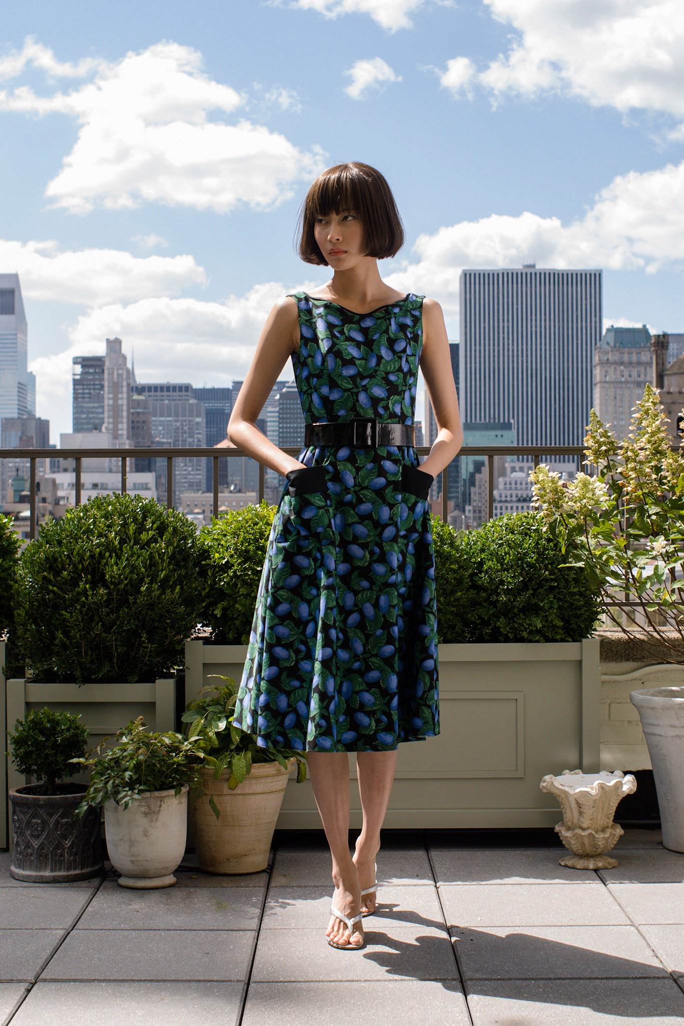 blue green flared midi dress