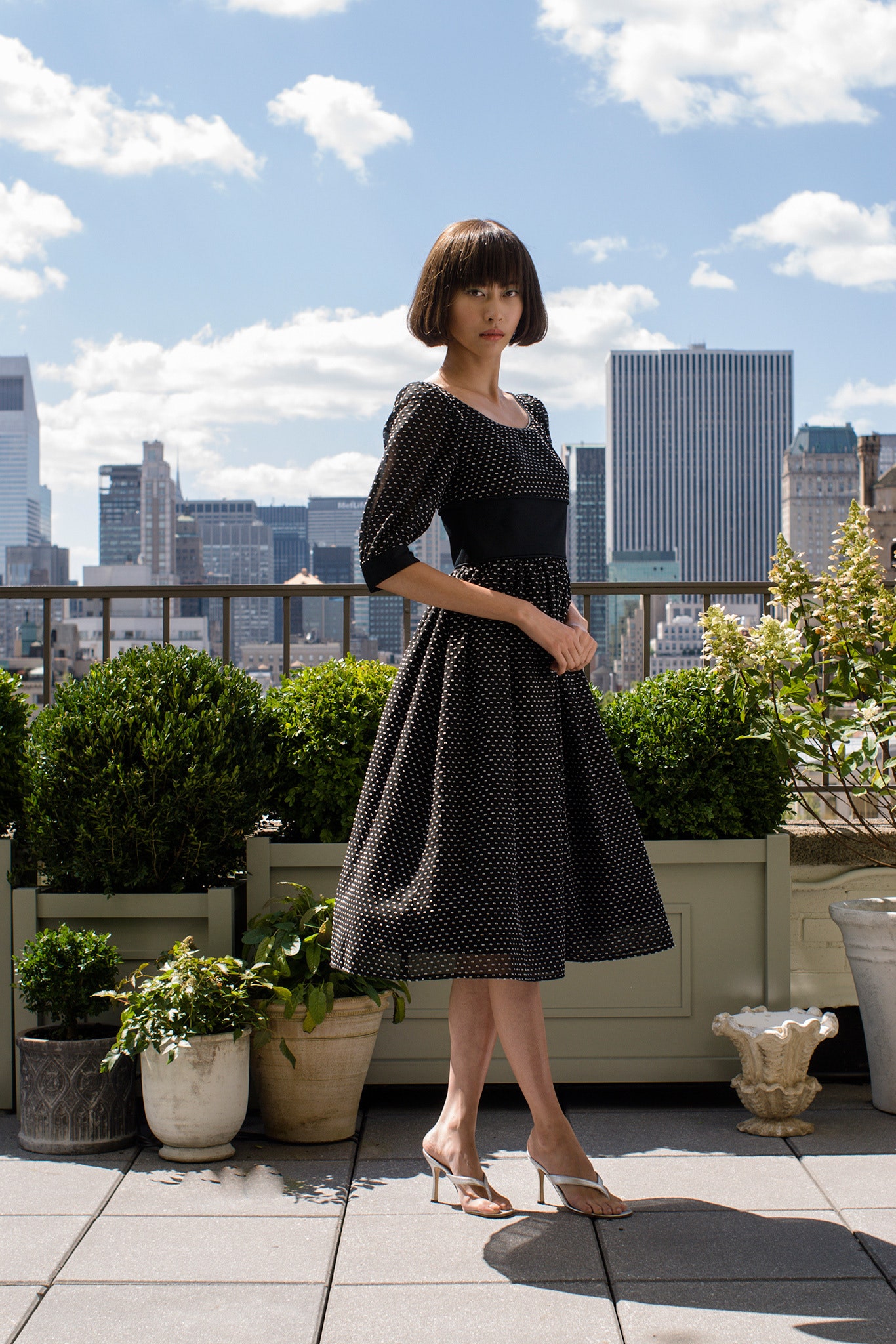 black and white polka-dot midi dress