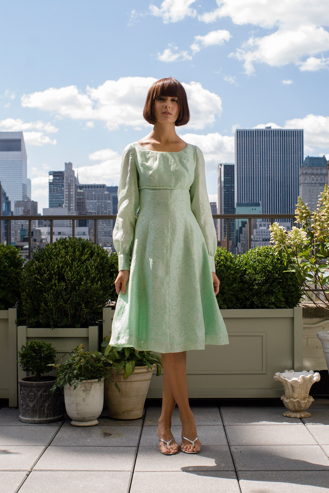 green silk long-sleeve dress