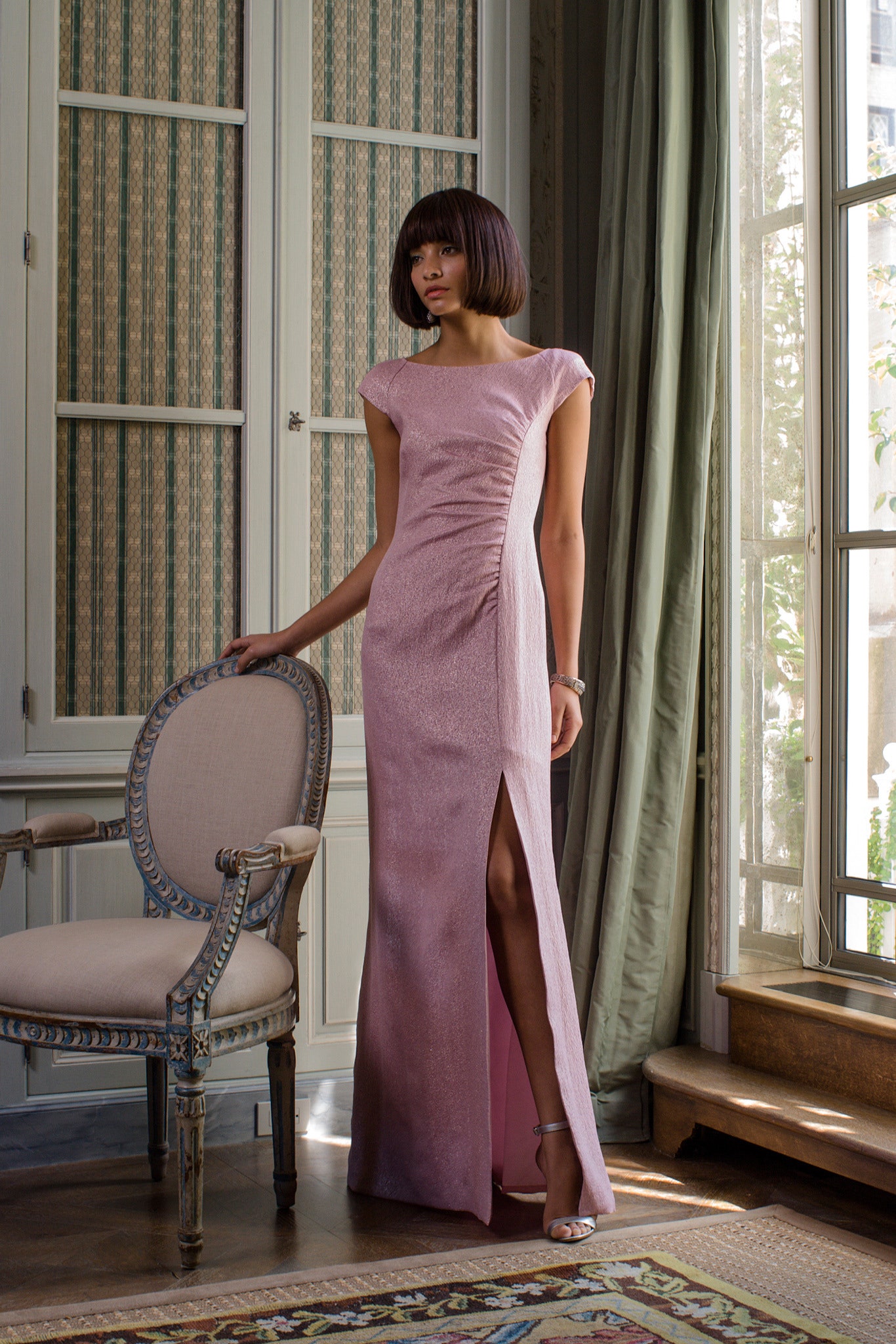 pink silk fitted gown