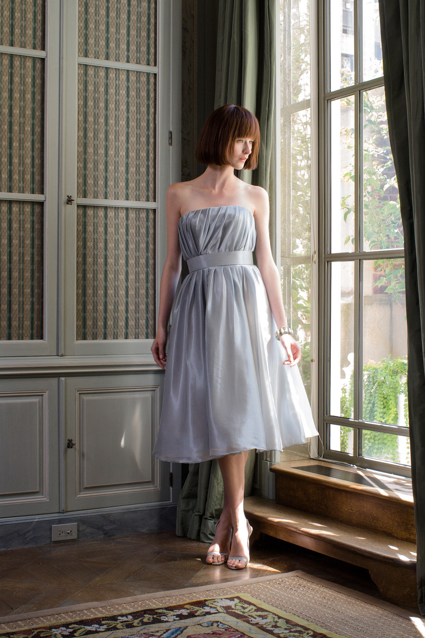 gray silk strapless midi dress