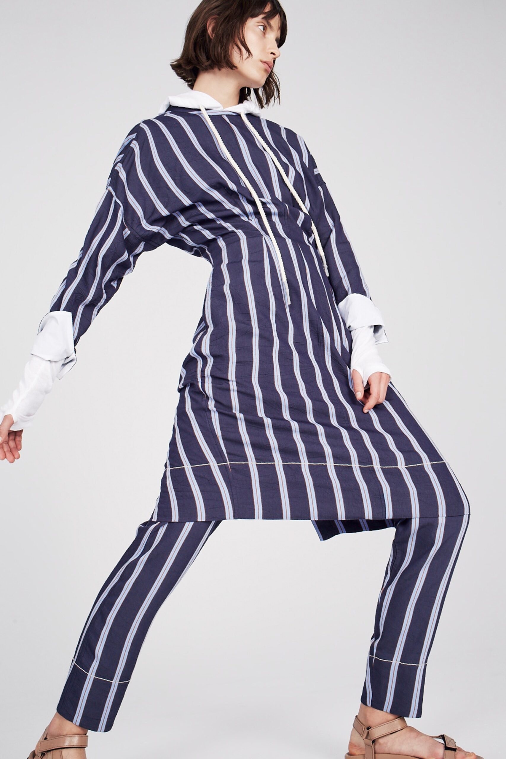blue and white striped dress and pants