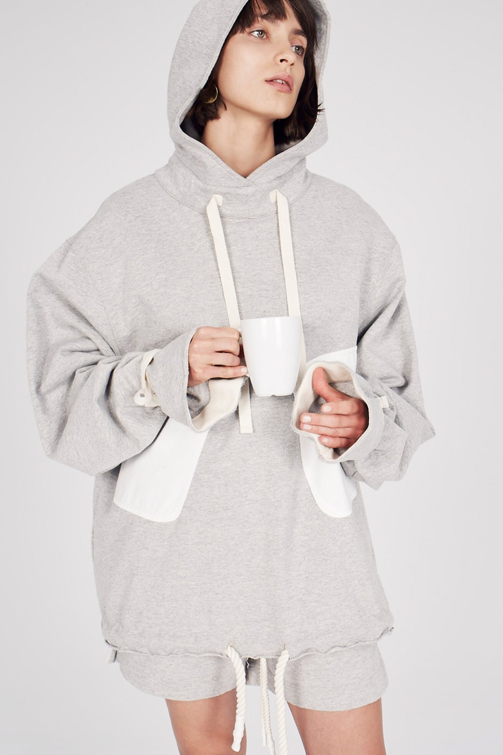 gray oversized hoodie and shorts