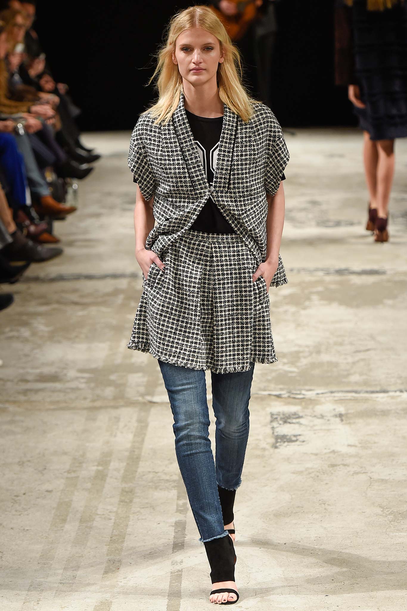 relaxed checked jacket with t-shirt and jeans