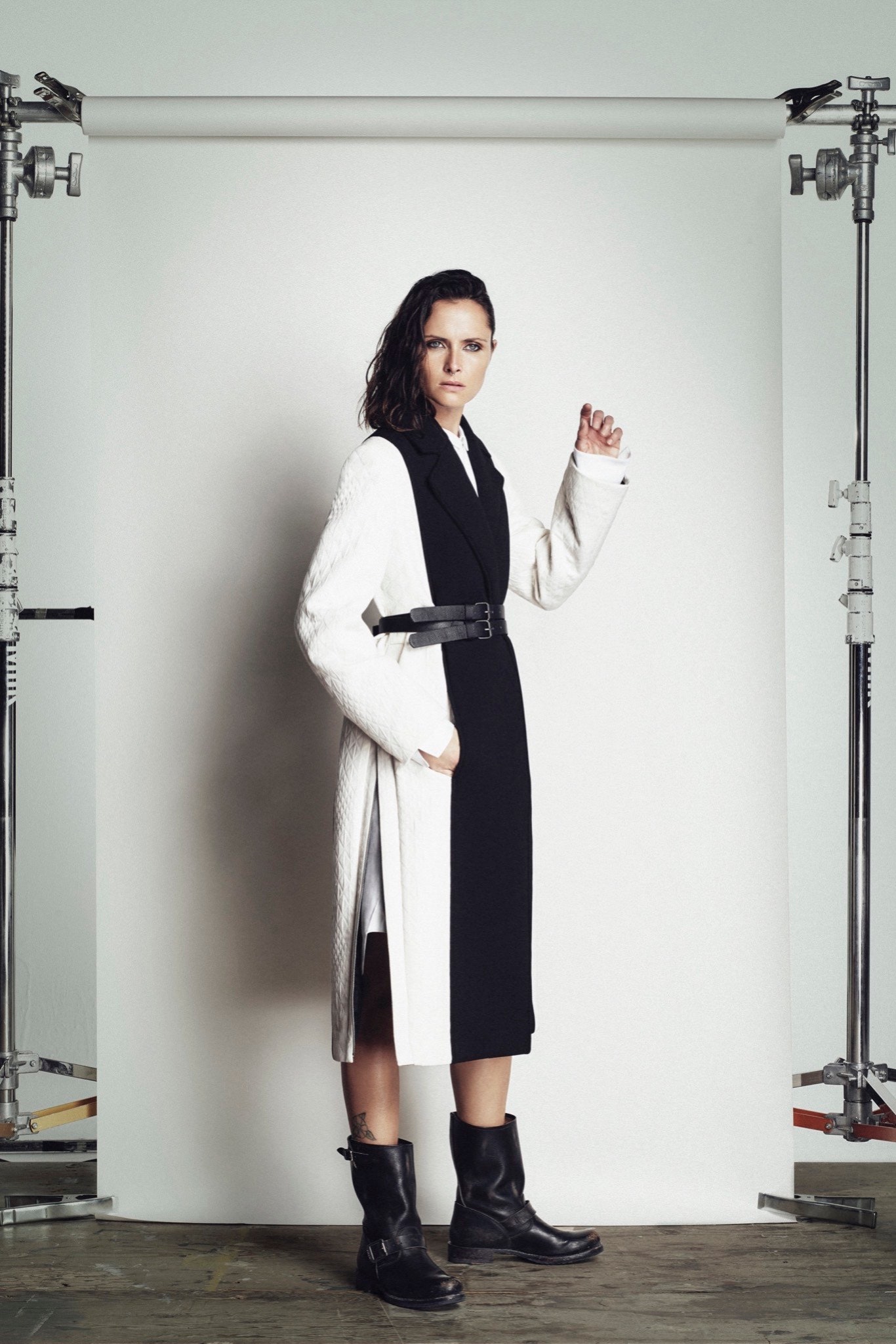 black and white fitted coat with boots