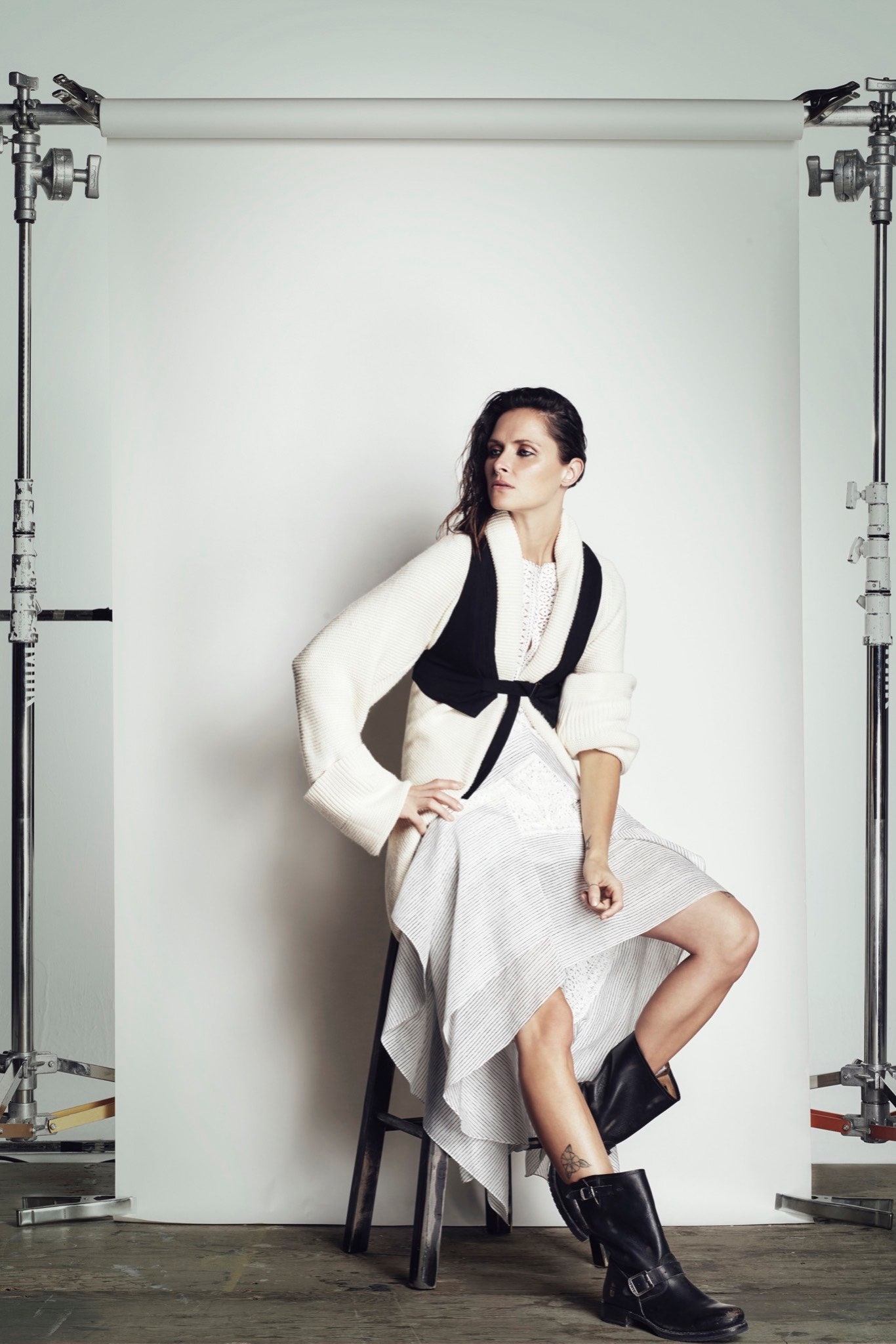 white black cardigan gray skirt