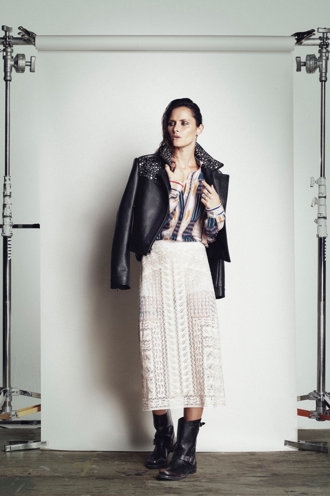 black leather jacket with lace skirt