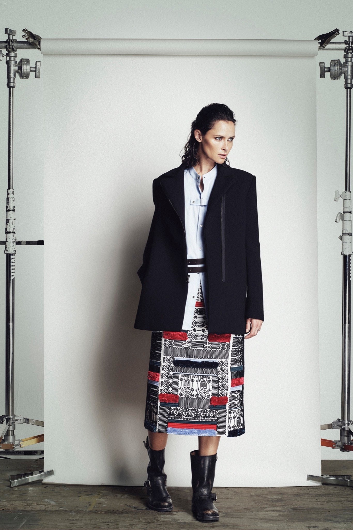 black wool coat with printed skirt