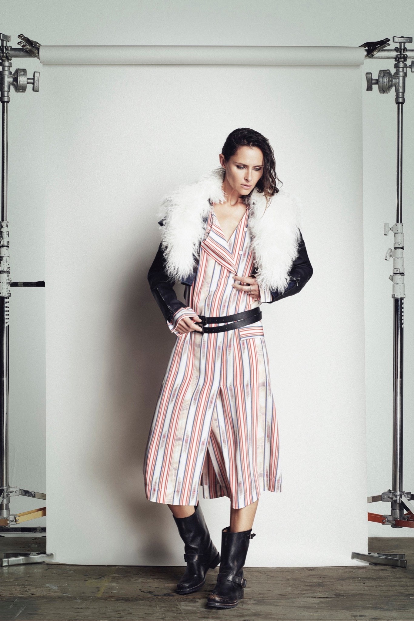 striped midi dress with leather jacket