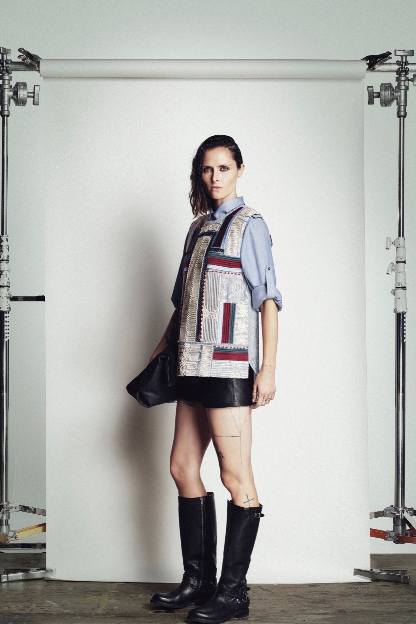 blue collared top with multi vest