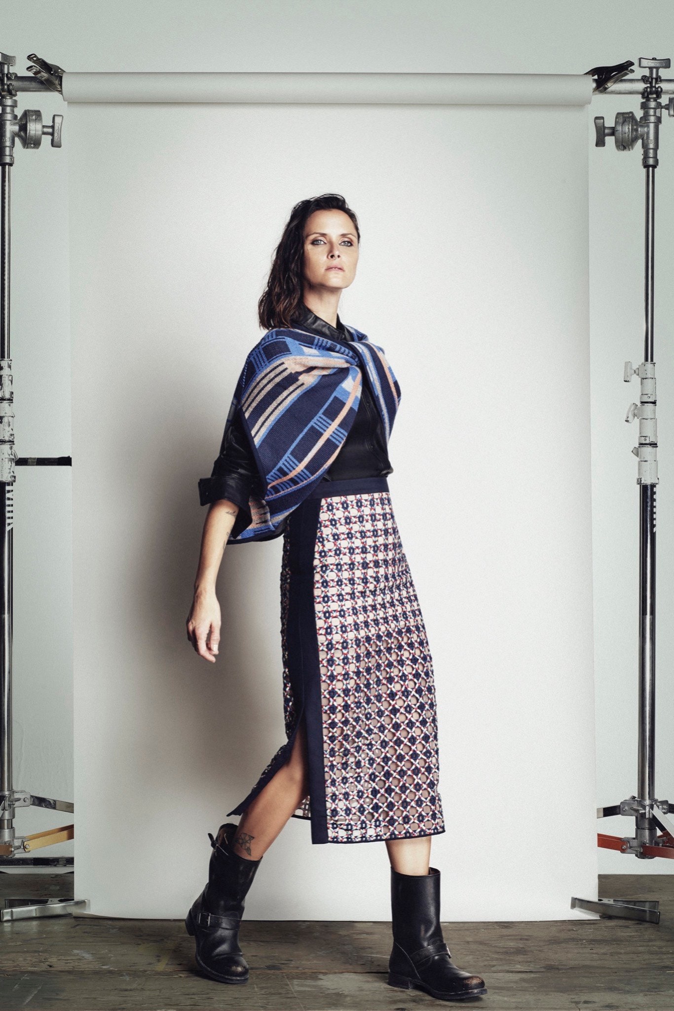 black silk top with printed skirt