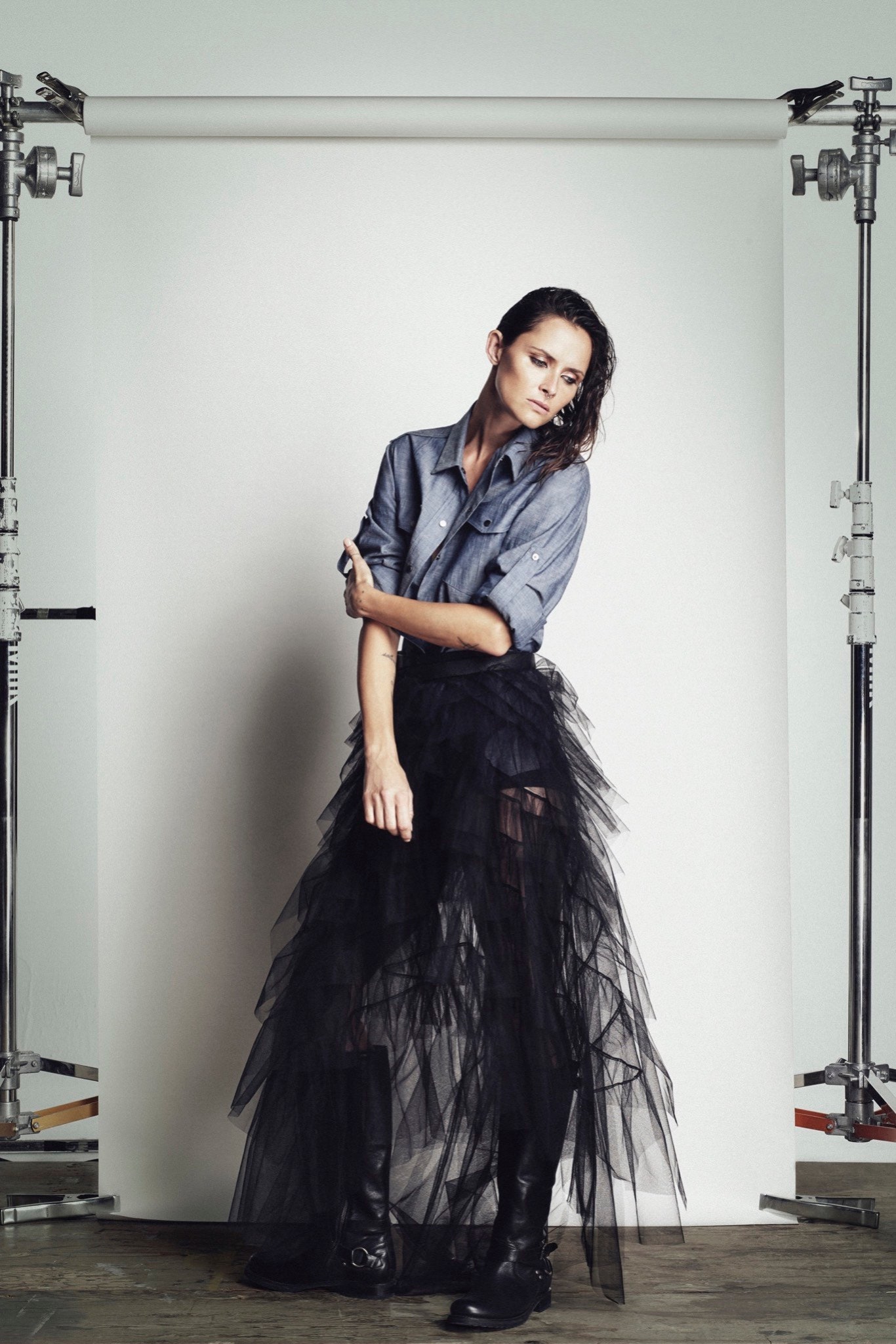 blue cotton shirt black tulle skirt