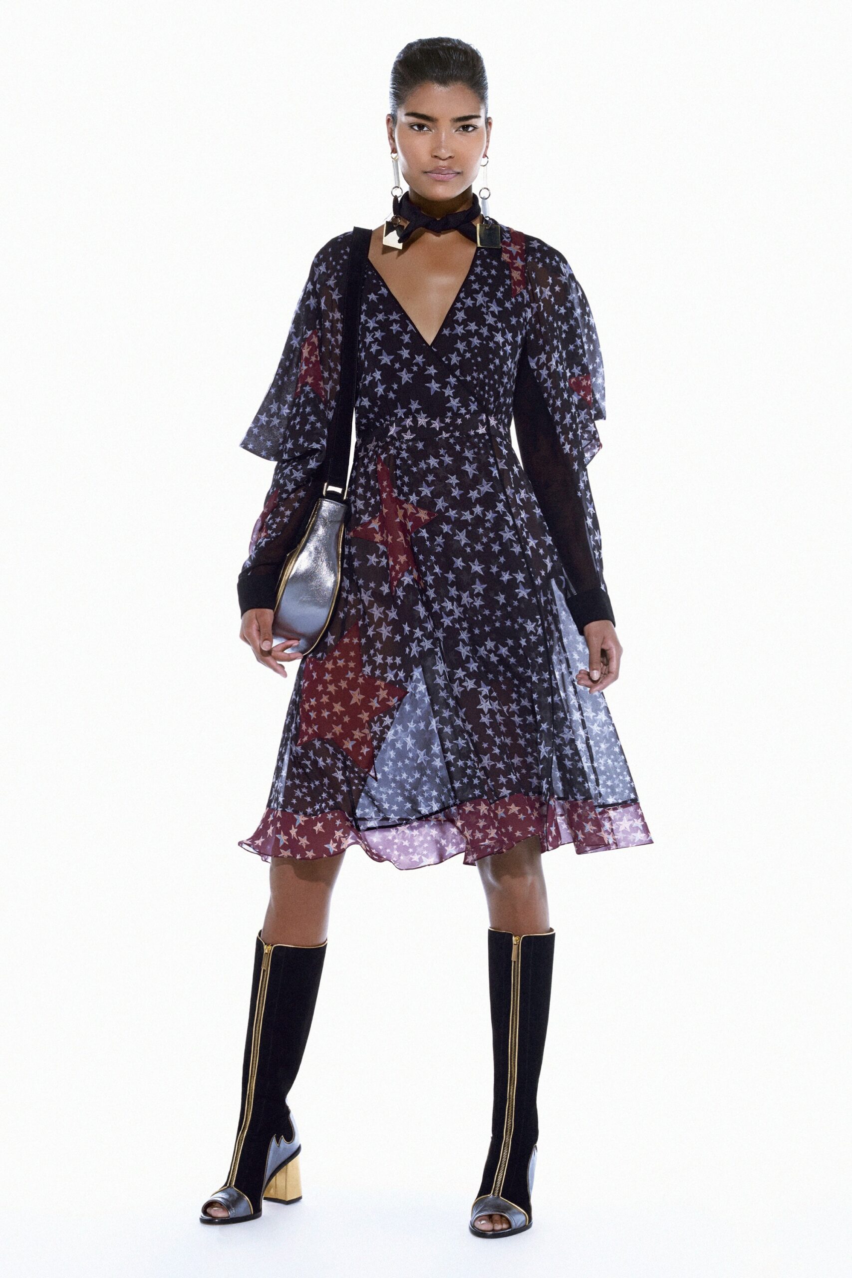 black silk printed midi dress with boots