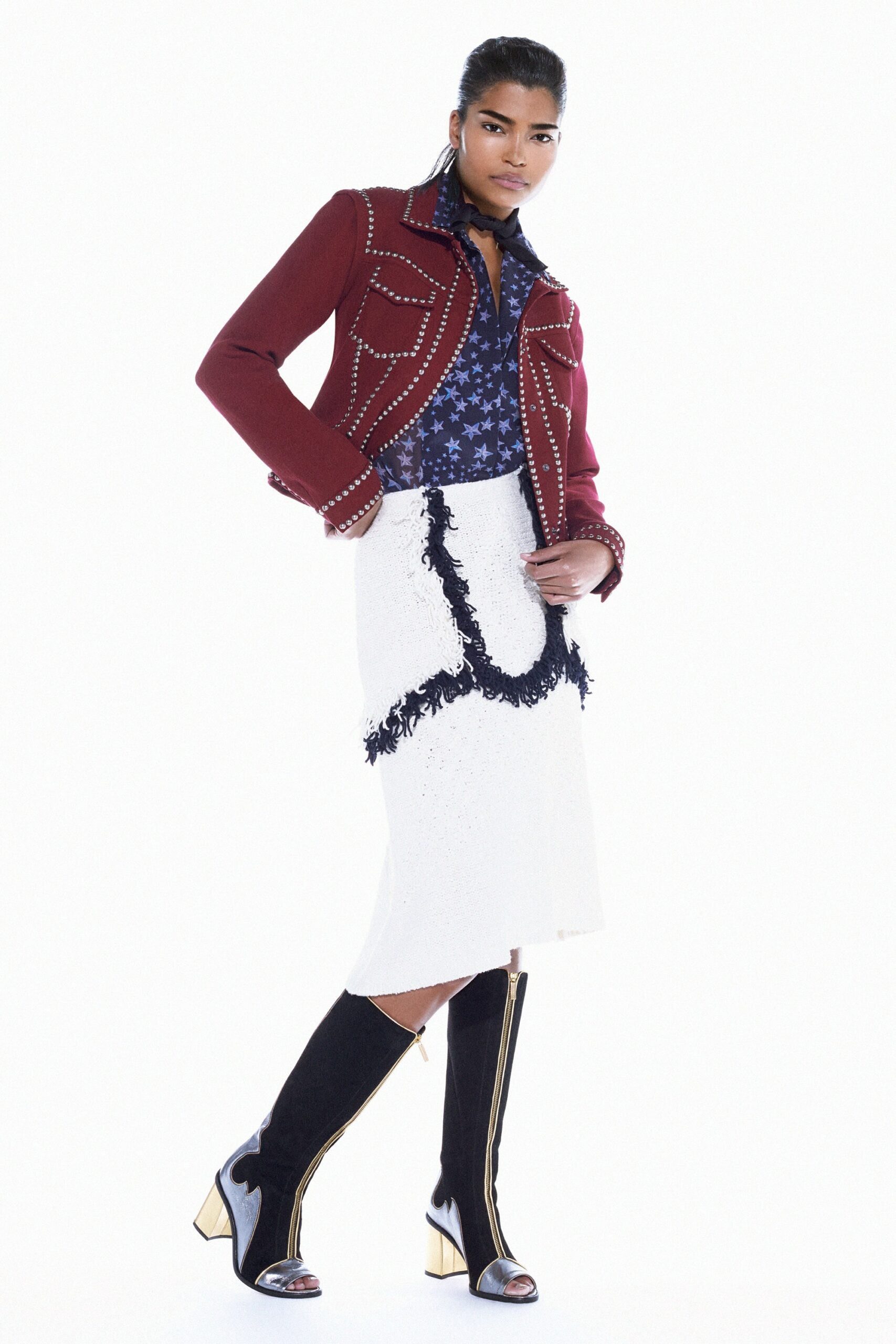 red wool fitted jacket with blue shirt