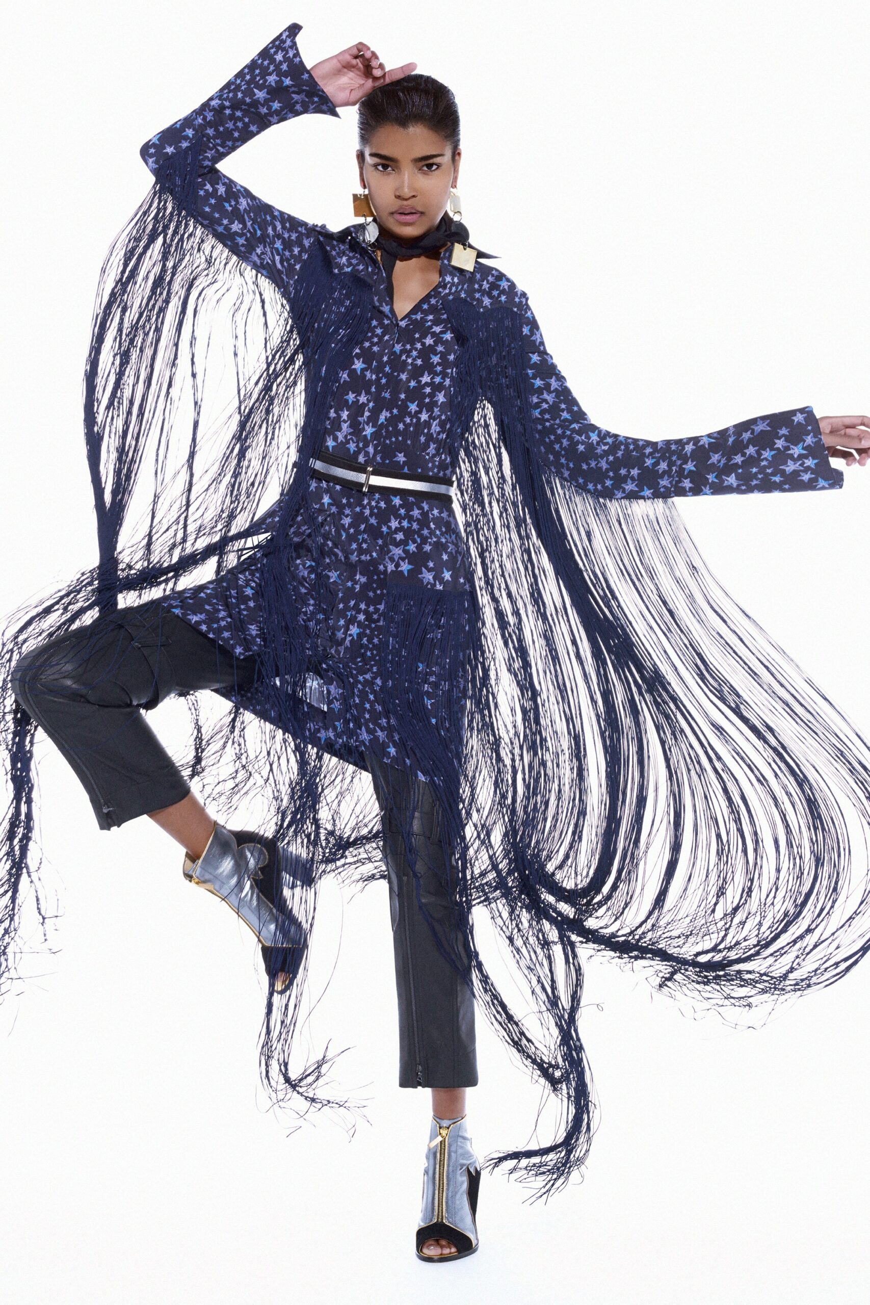 blue printed midi dress with fringes