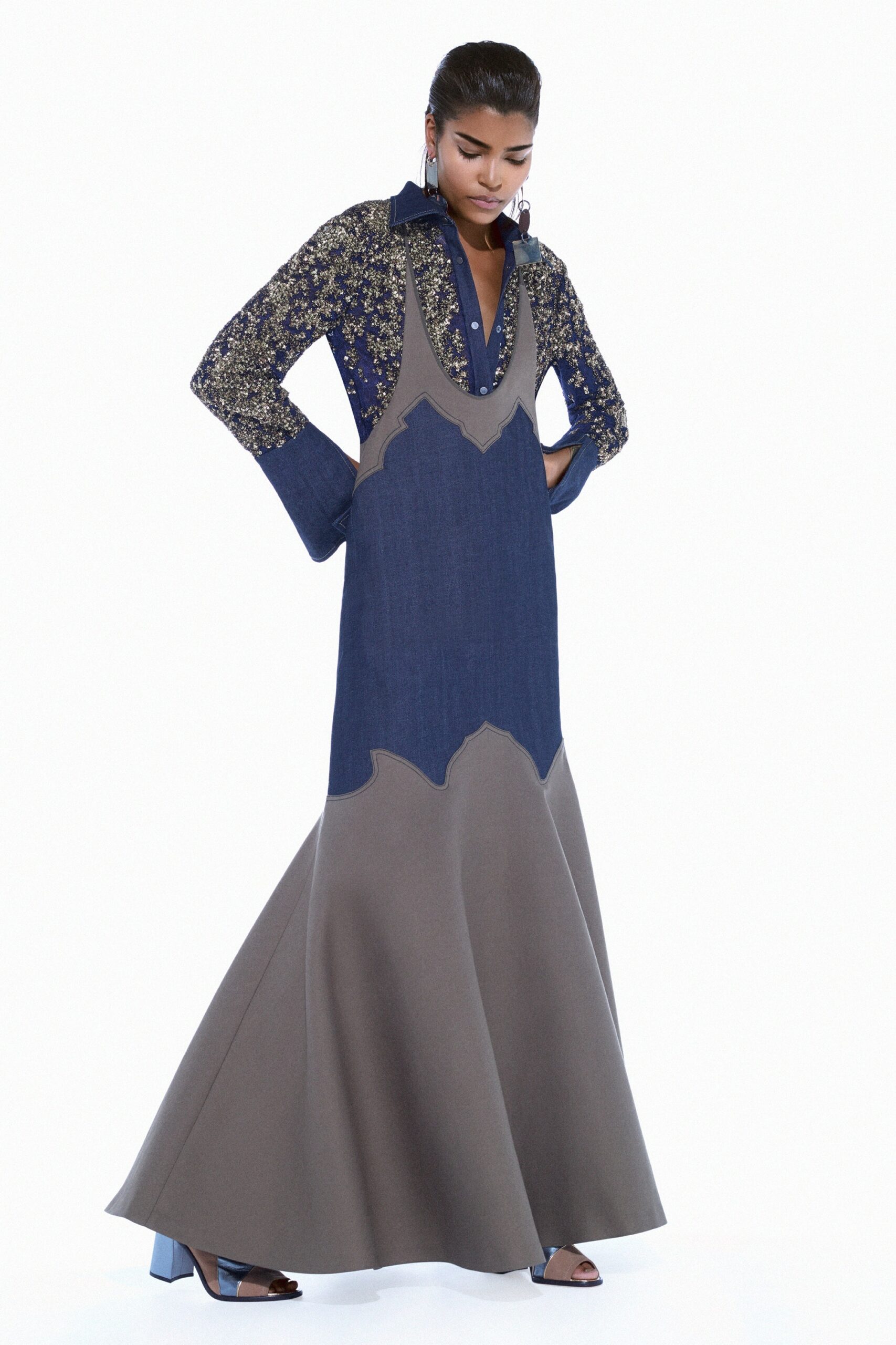 blue and gray long-sleeve dress