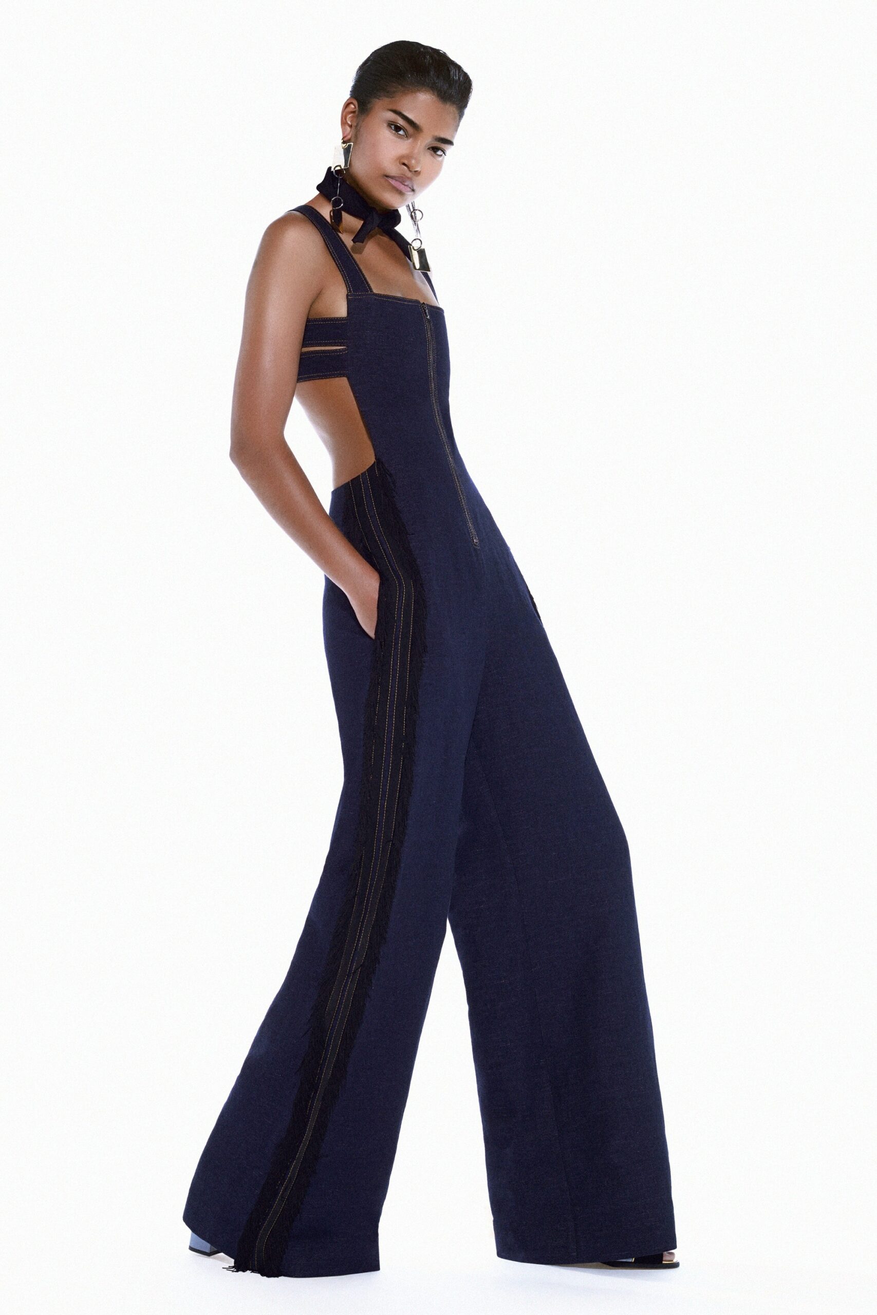 blue denim fitted jumpsuit