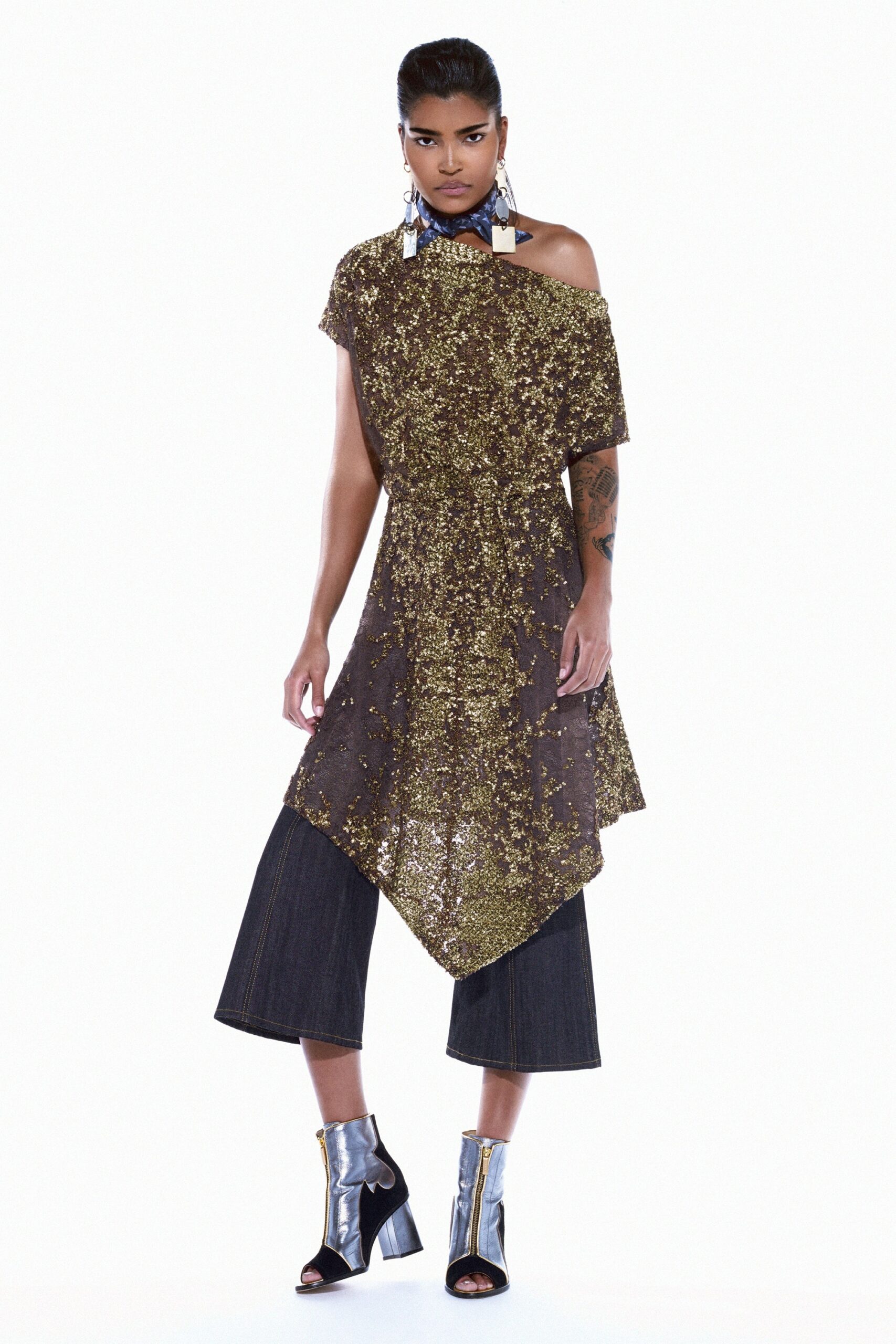 gold sequined off-shoulder top