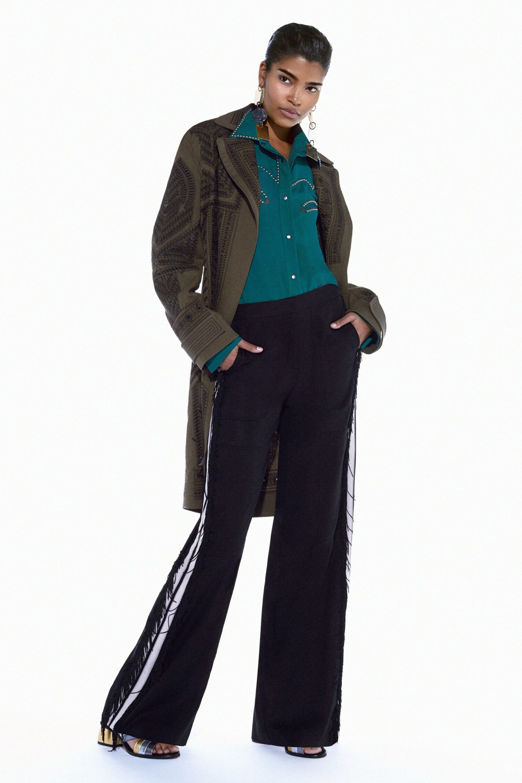 green printed coat with blue shirt