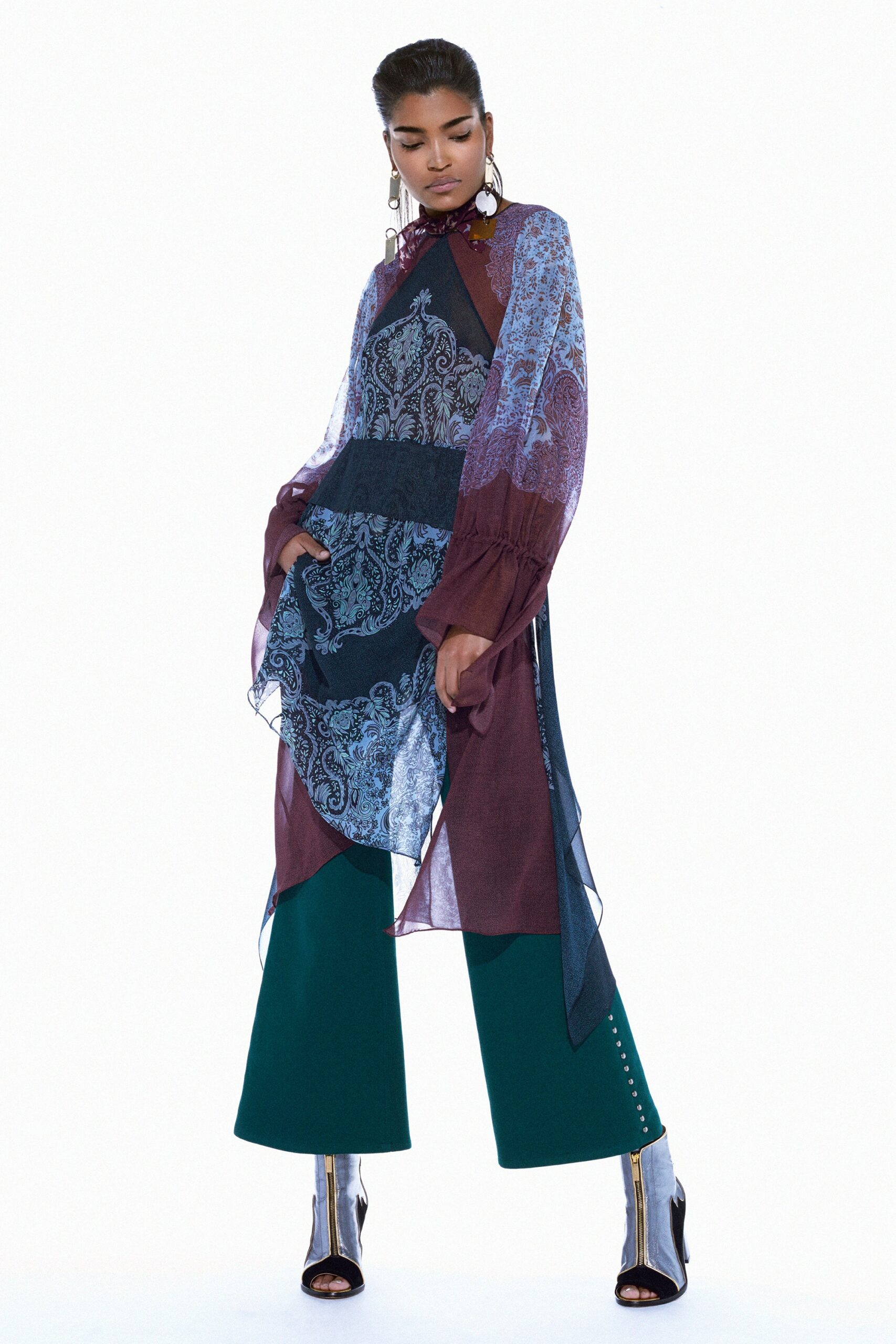 layered printed top with wide-leg pants