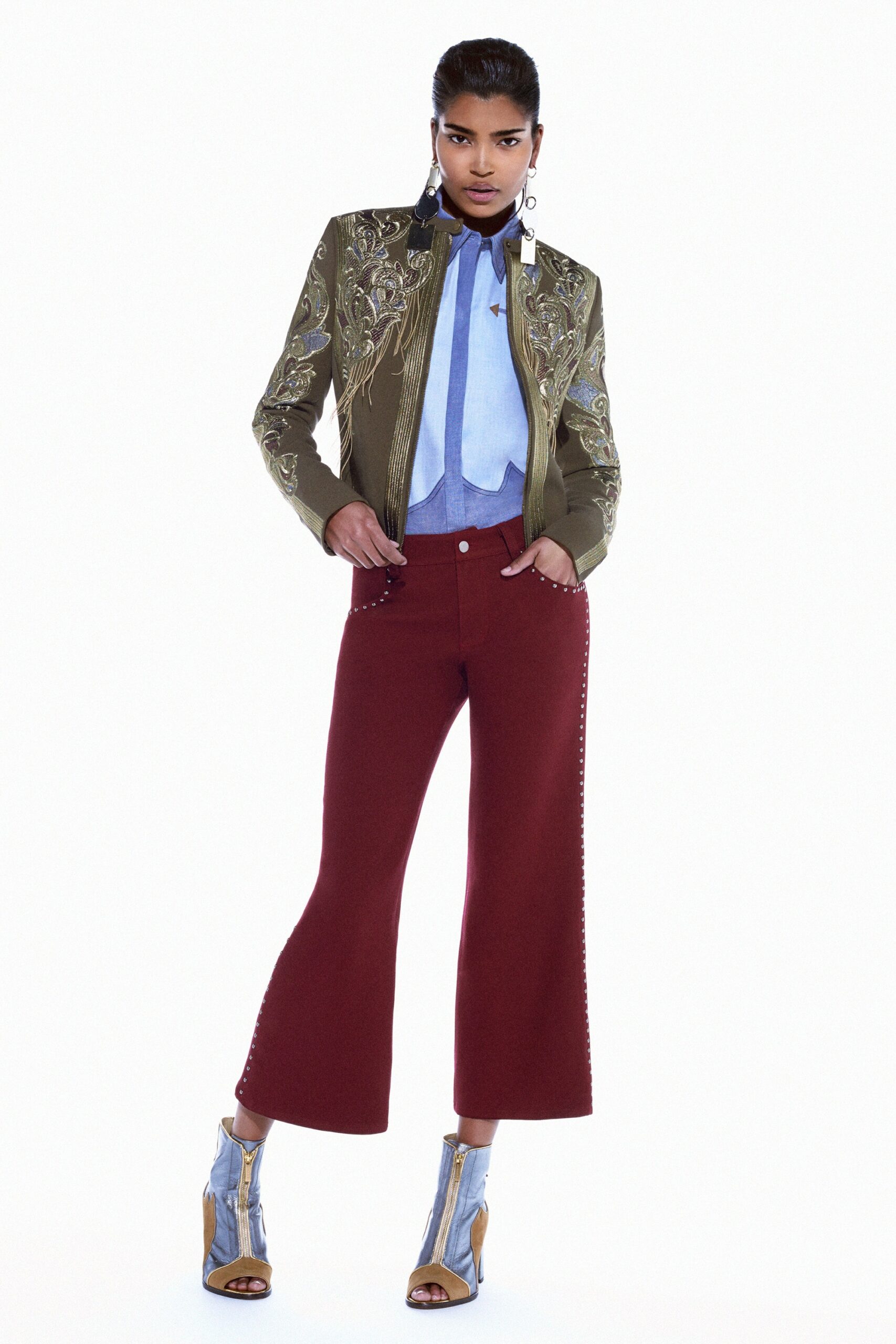 green cotton long-sleeve collared fitted embroidered jacket