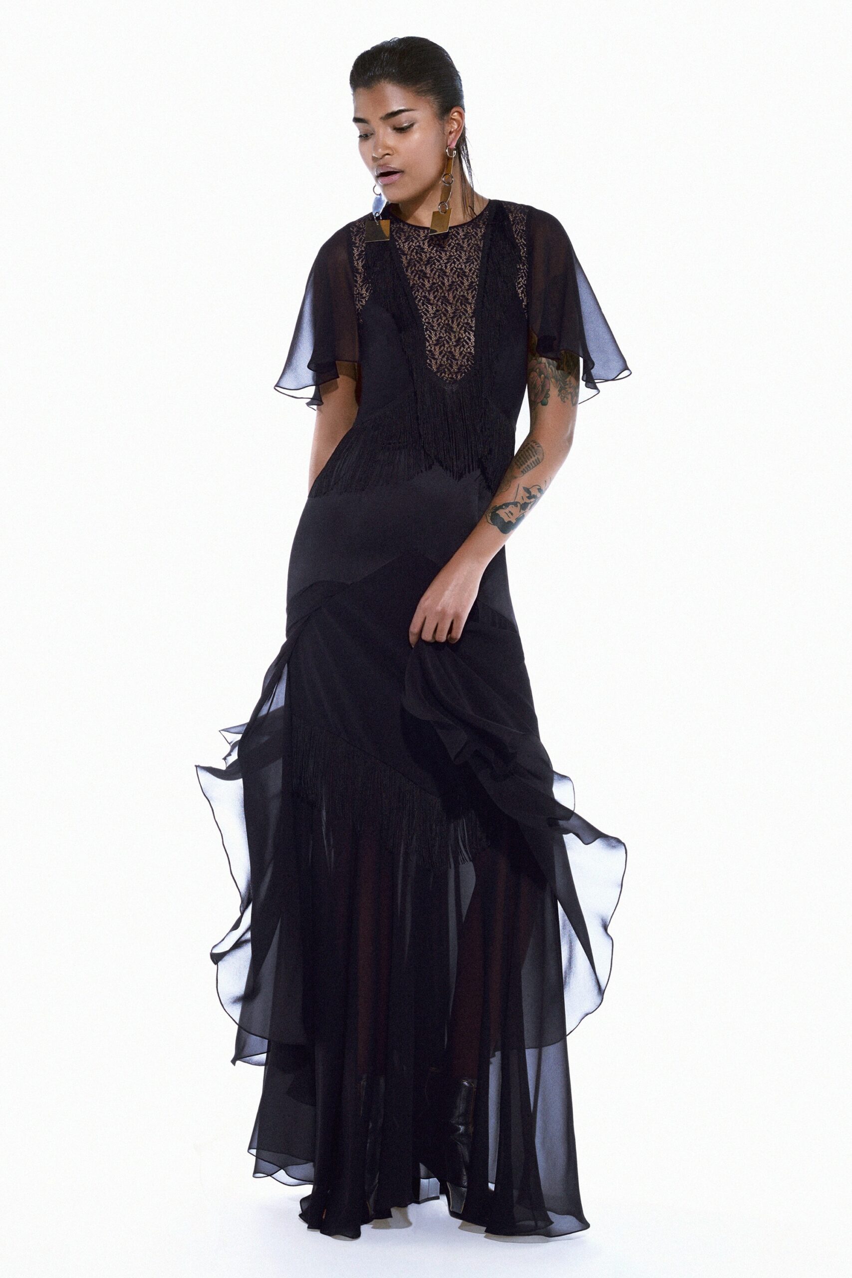 black silk layered maxi dress