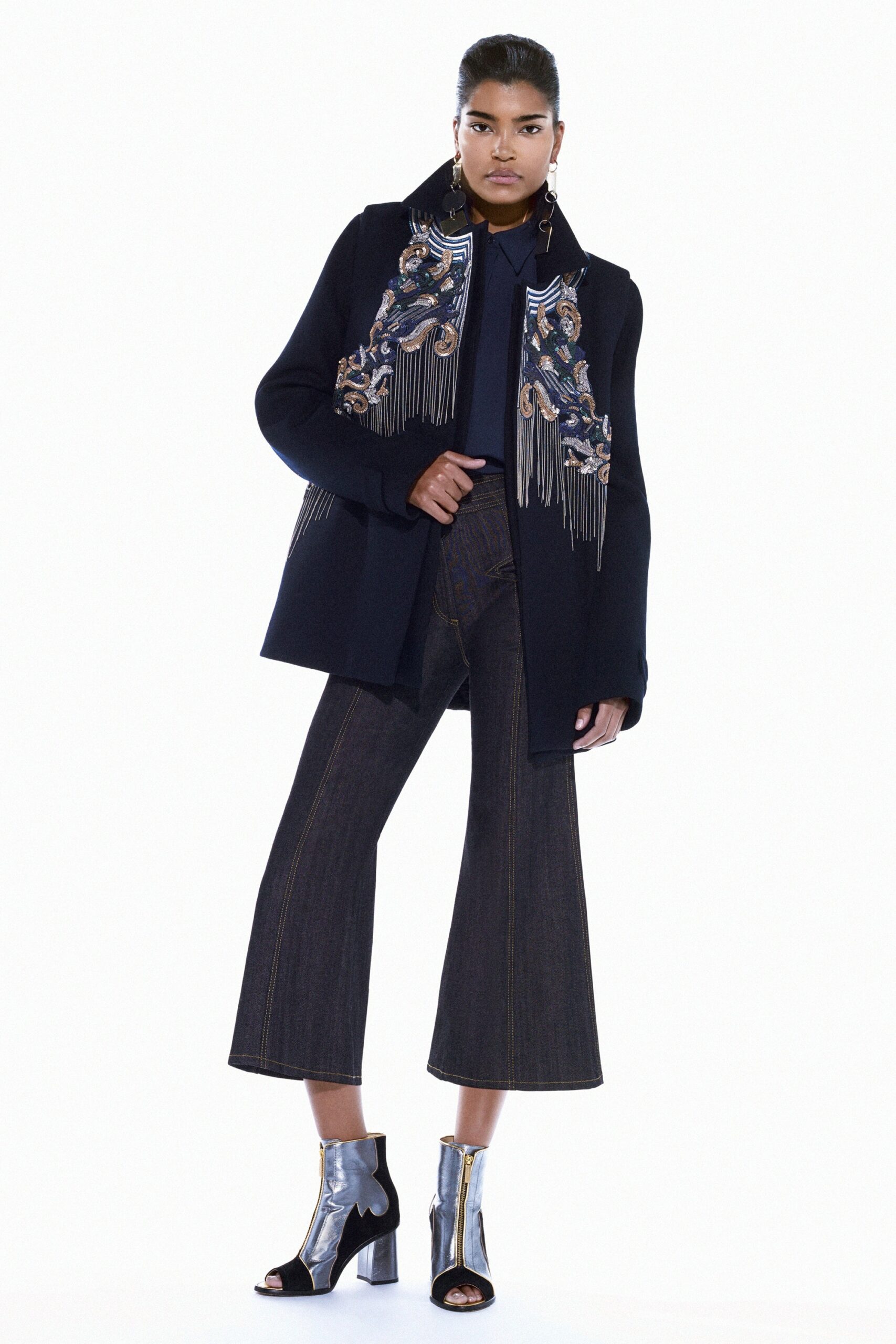 black embroidered coat with wide-leg pants