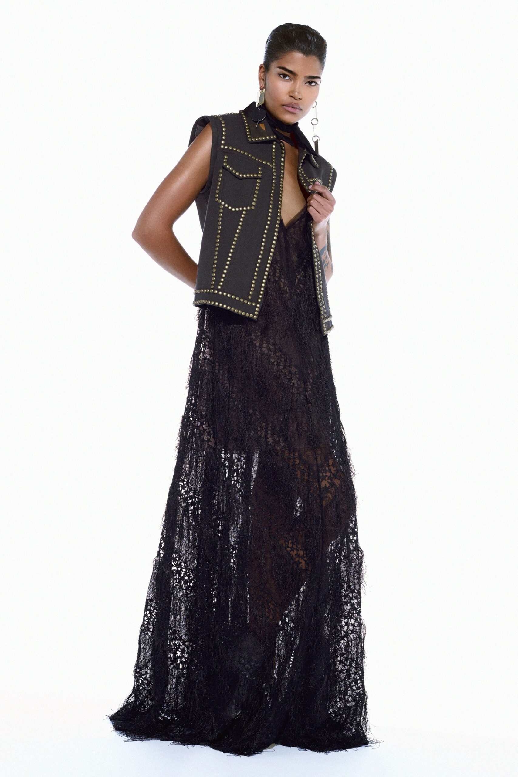 black lace maxi dress with vest