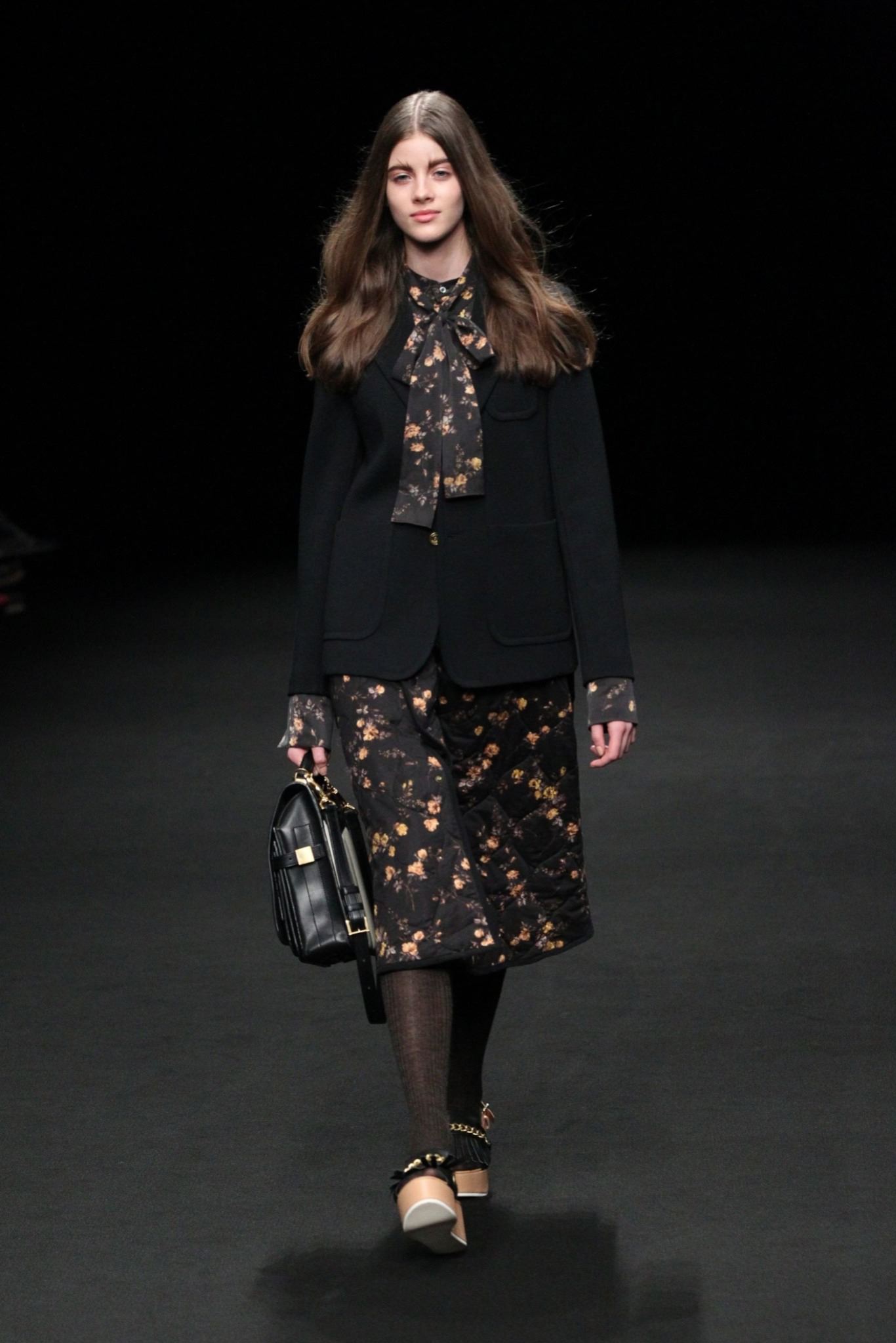 black floral bow-neck blouse