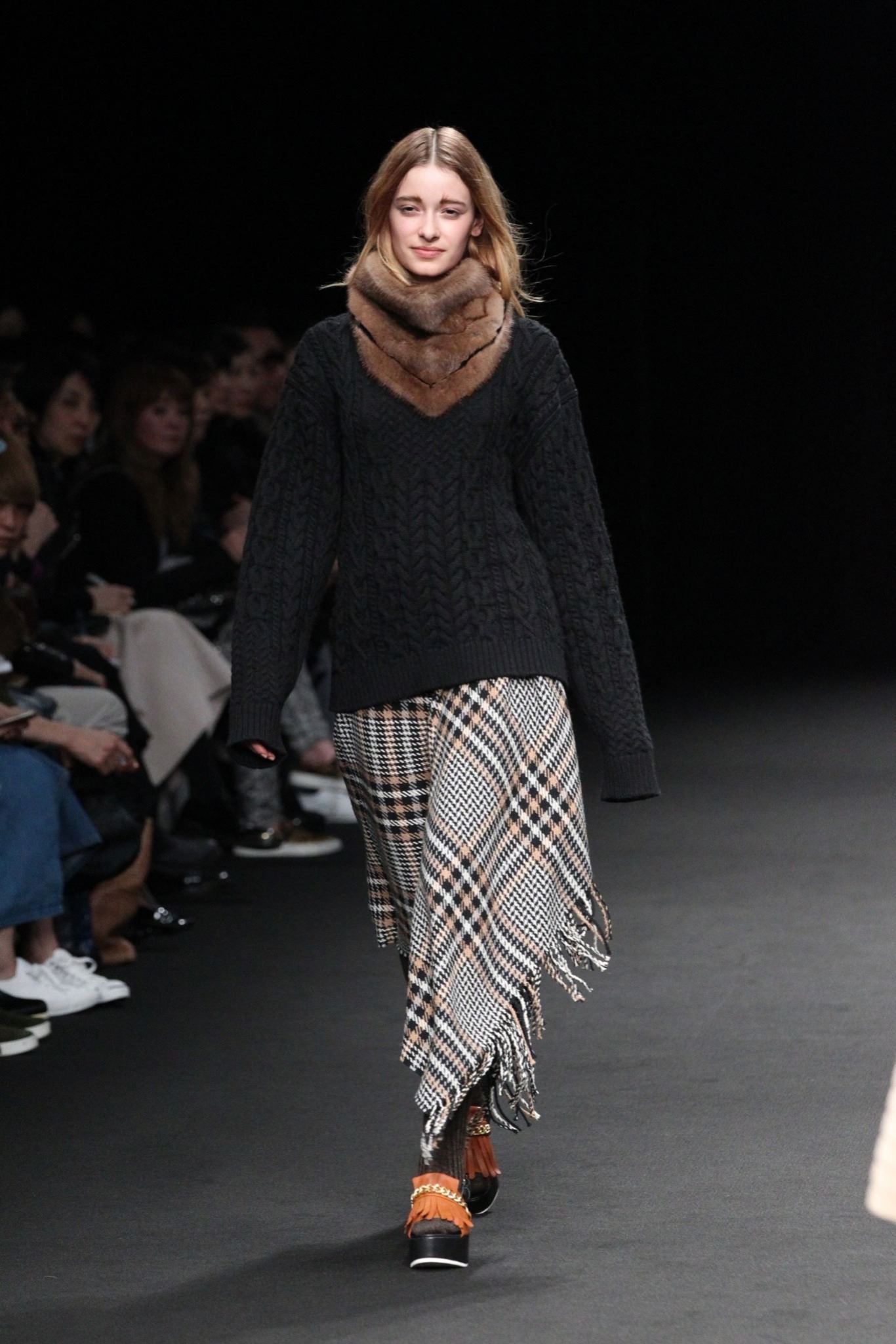 beige wool asymmetric checked fringed textured midi skirt