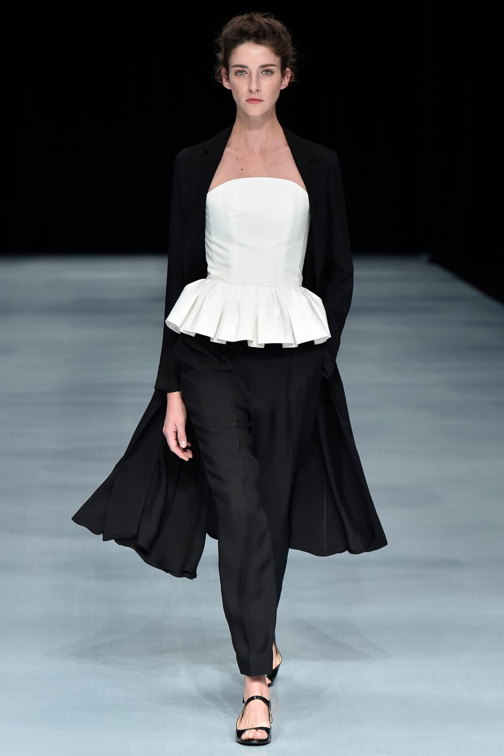 white strapless ruffled peplum top