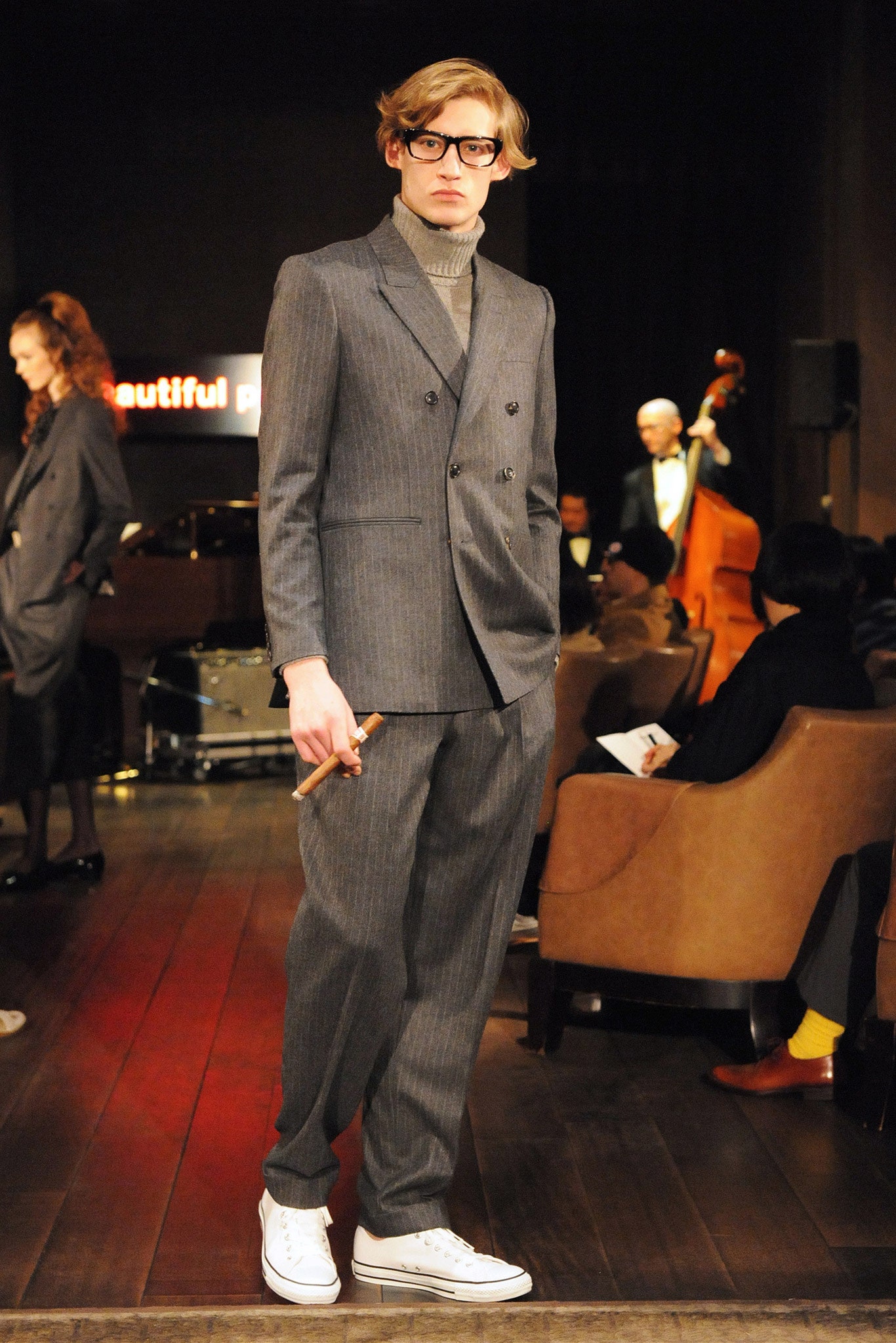 gray pinstriped double-breasted blazer